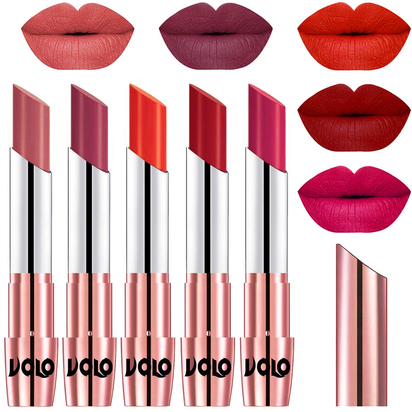 Volo Lipstick Light Peach, Rose, Coral, Tomato Red, Passion Pink (Matte)