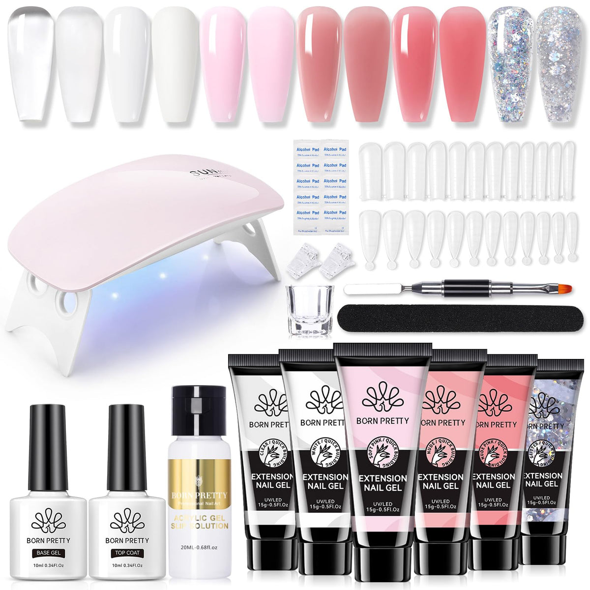 BORN PRETTY Poly Nail Extension Gel Kit-6 Colors Poly Nails Gel Kit Nude Clear Jelly Pink All In One Kit Builder Glue Gel with N