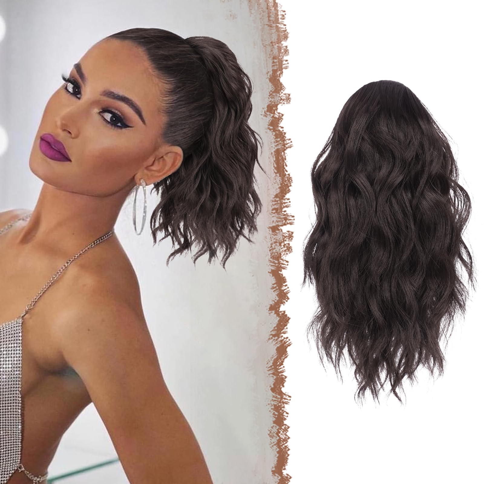 Feshfen Ponytail Extensions, Drawstring Ponytails Hair Extension Dark Brown Short Curly Wavy Hair Piece Synthetic Brown Pony Tai