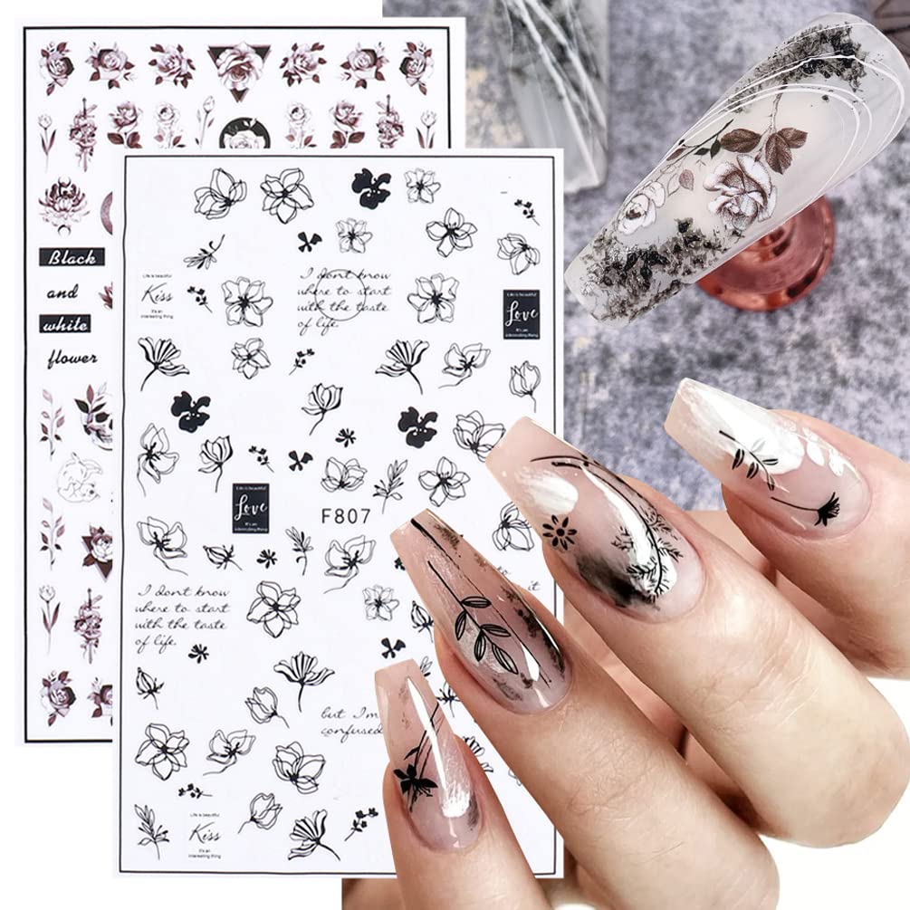 Flowers Nail Decals Art Sticker, Kingmas 10 Sheet Flowers/Feathers/Lines/Leaves Self-Adhesive Diy Nail Art Stickers Fingernails