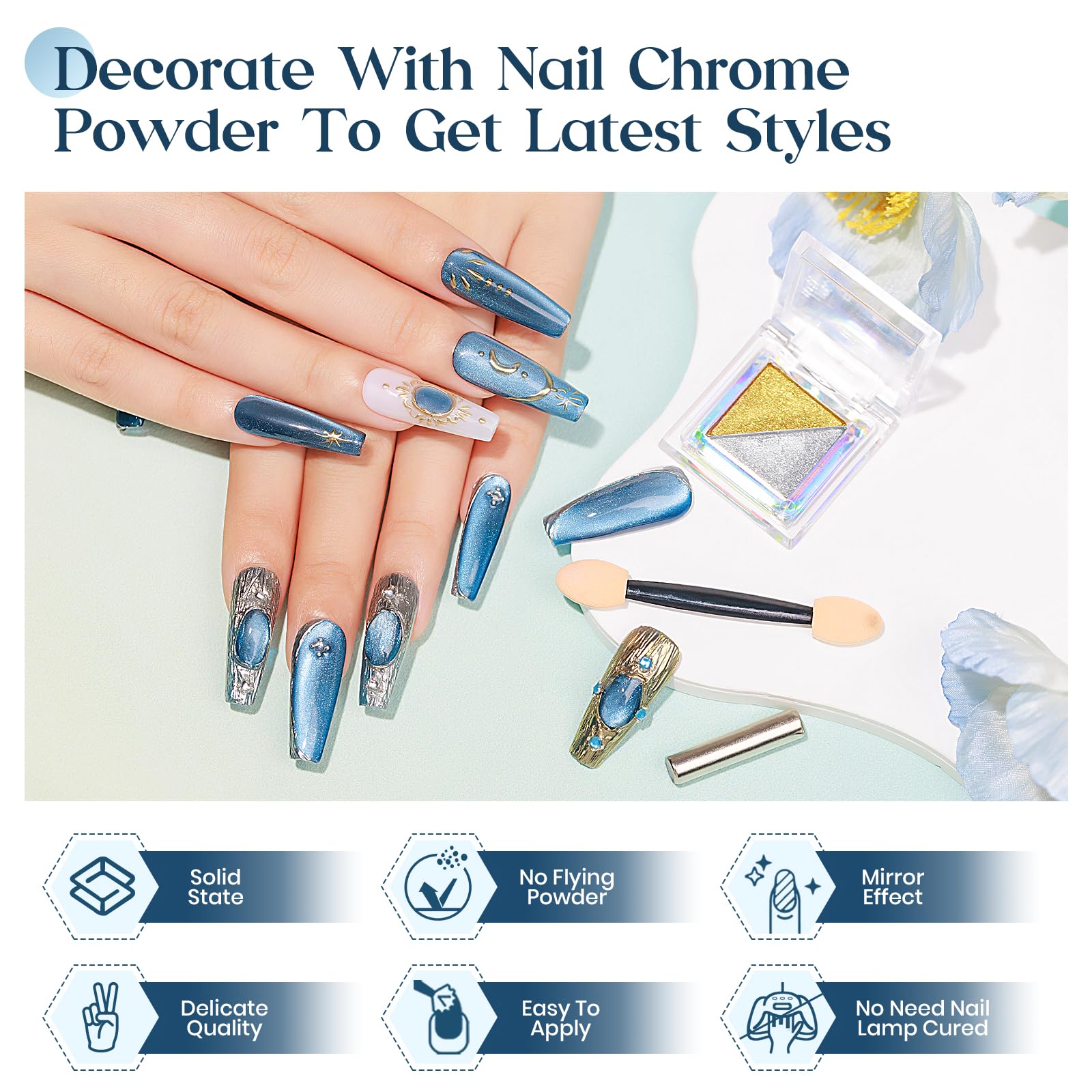 Mizhse Cat Eye Gel Nail Polish: Blue Magnetic Gel Polish With Magnet Stick Metallic Mirror Chrome Powder, Maillard Style Magic E