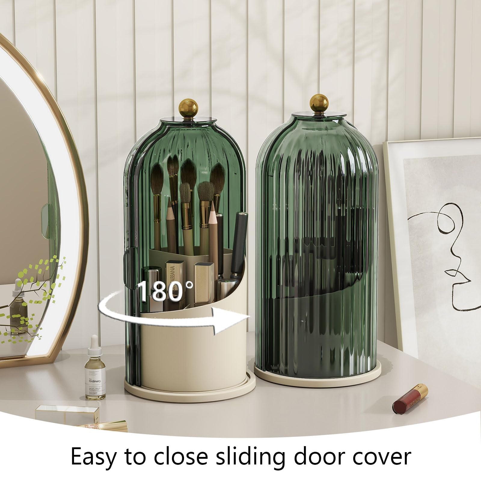 Emljkvp Makeup Brush Holder With Dustproof Cover 360 Rotating Makeup Brush Organizer For Vanity Bathroom, Green