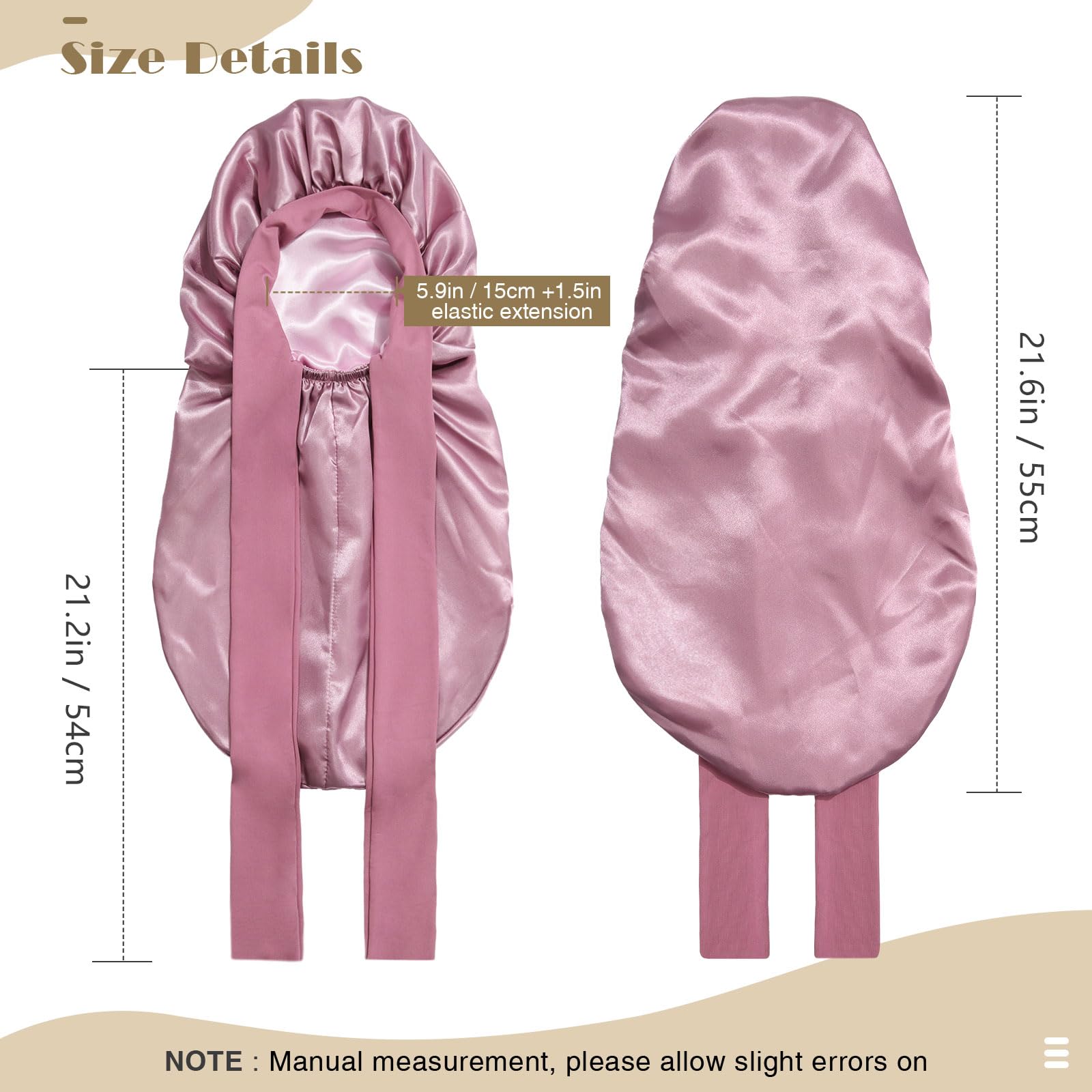 Kids Long Hair Bonnet For Sleeping - Double Layer Girls Elastic Satin Bonnet With Tie Band For Braid Curly Hair (Rose Gold+Pink)