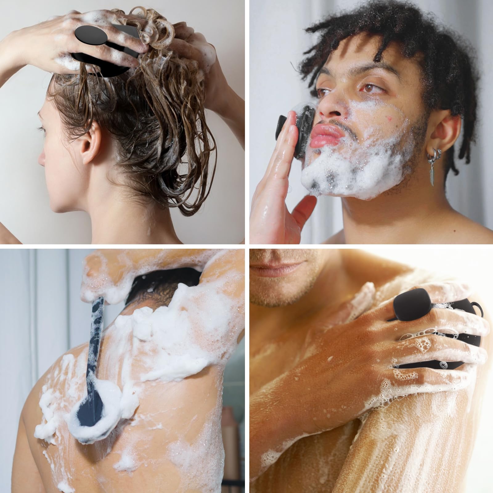 Silicone Scrubber Set For Men, Includes Back & Body Scrubbers, Face Brush, Scalp Massager, 4 Storage Hooks, Shower & Bathroom Hy