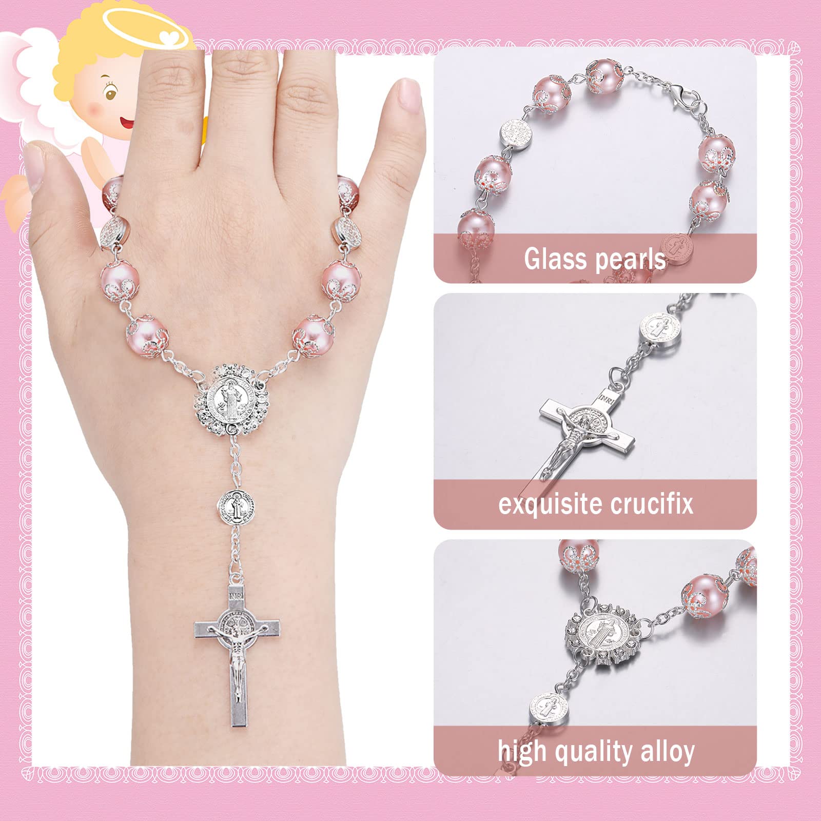 Tudomro 24 Pieces Baptism Rosary Pink Glass Rosary Beads Finger Baptism Rosaries Faux Pearls for Baptism Favors Christening Favo