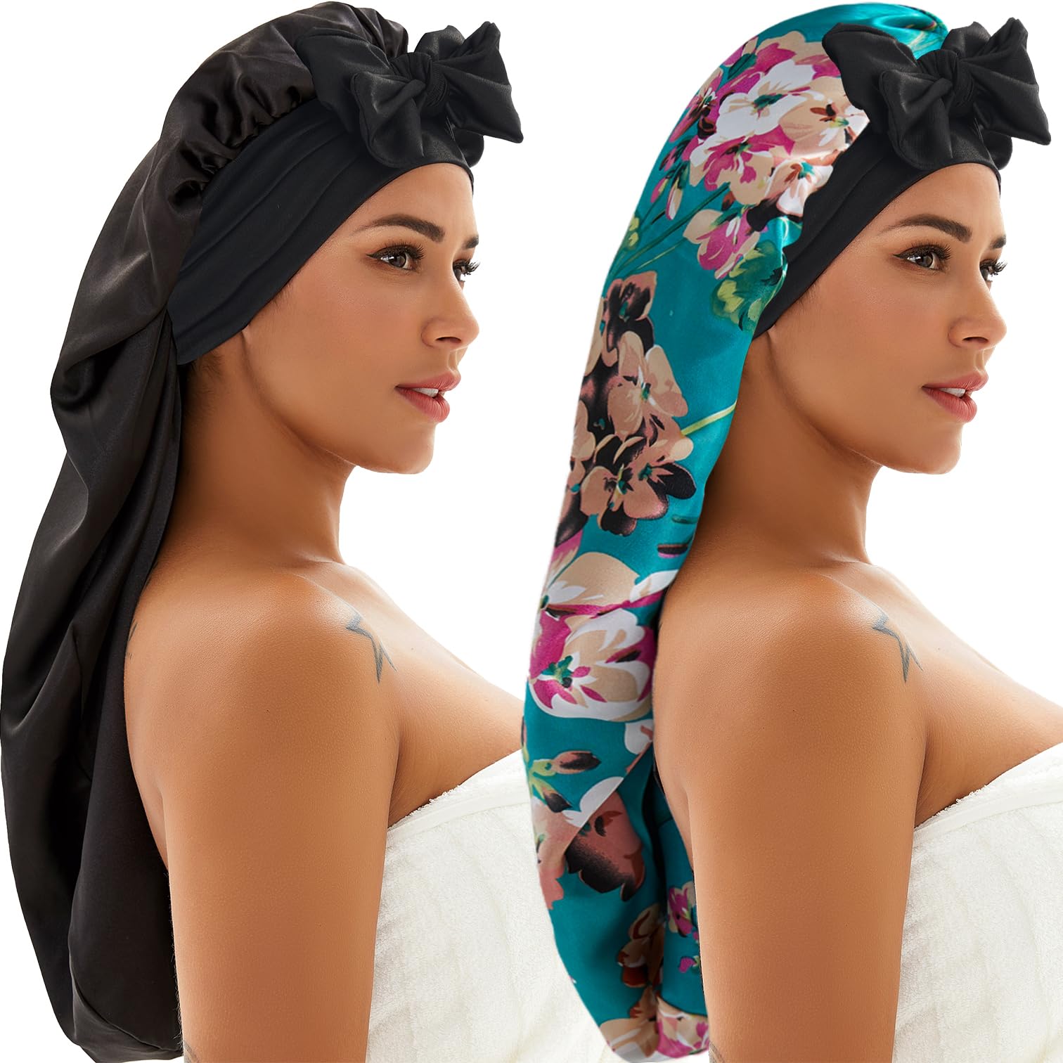 2 Pcs Silk Bonnet for Sleeping, Braid Bonnet Satin Bonnet with Tie Band Sleep Cap for Women Men Long Curly Hair Braids Black (2 