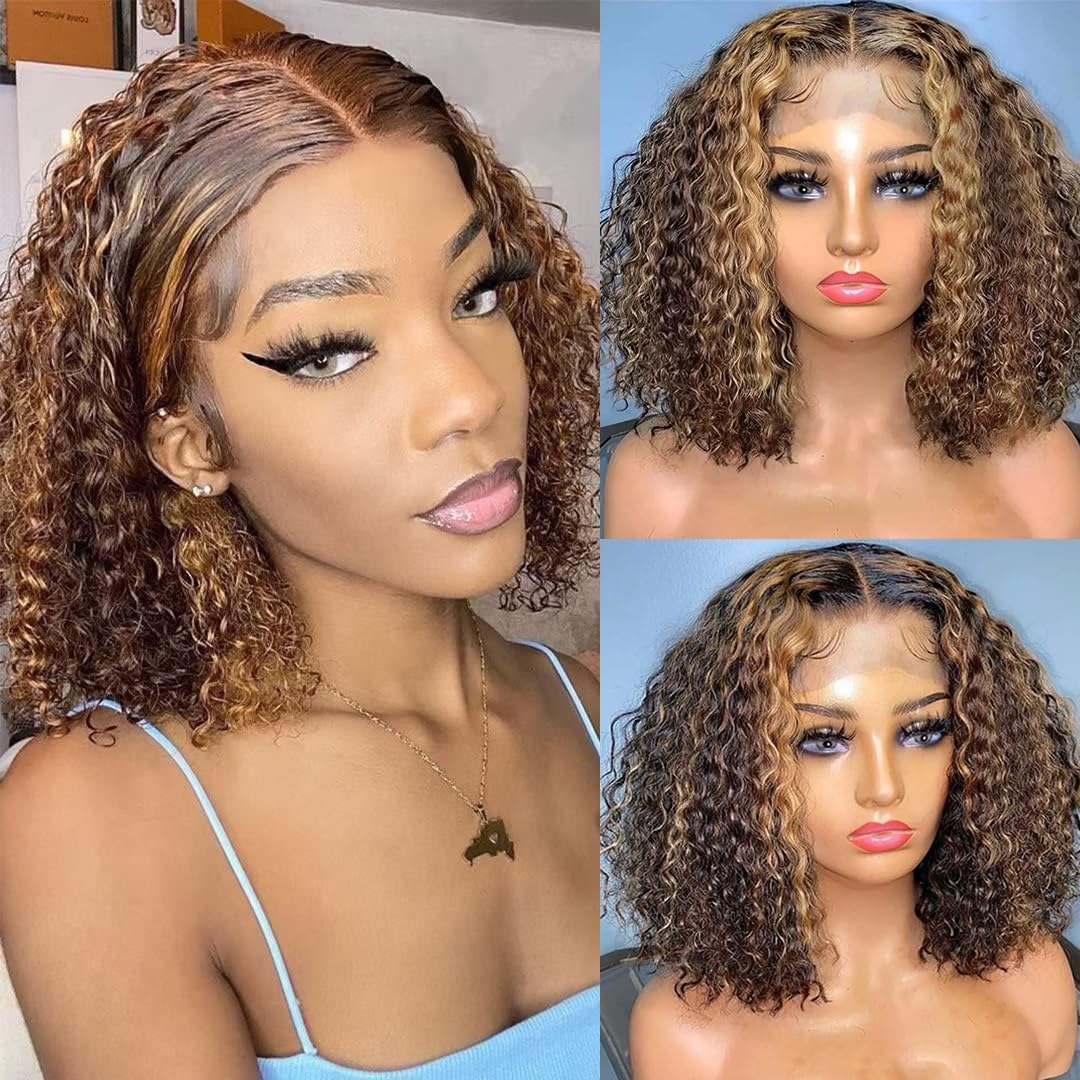 Highlight Bob Wig Human Hair 4x4 Lace Closure Wig Ombre Honey Blonde Short Curly Bob Wig Human Hair Curly Wave Hd Lace Front Wig