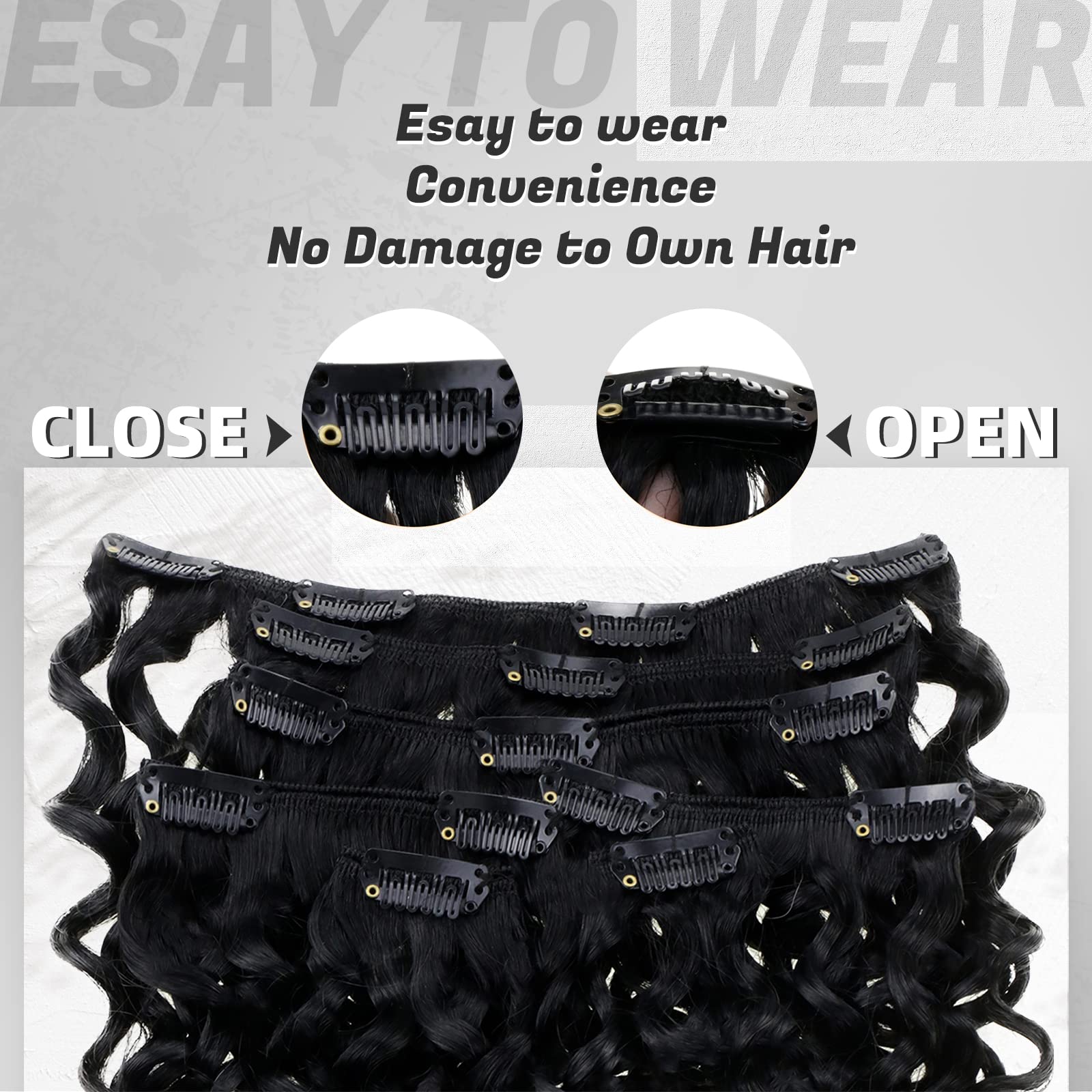 Hetto Clip in Black Curly Hair Extensions Human Hair #1 Jet Black Clip in Hair Extensions Remy Human Hair Natural Wavy Clip on R