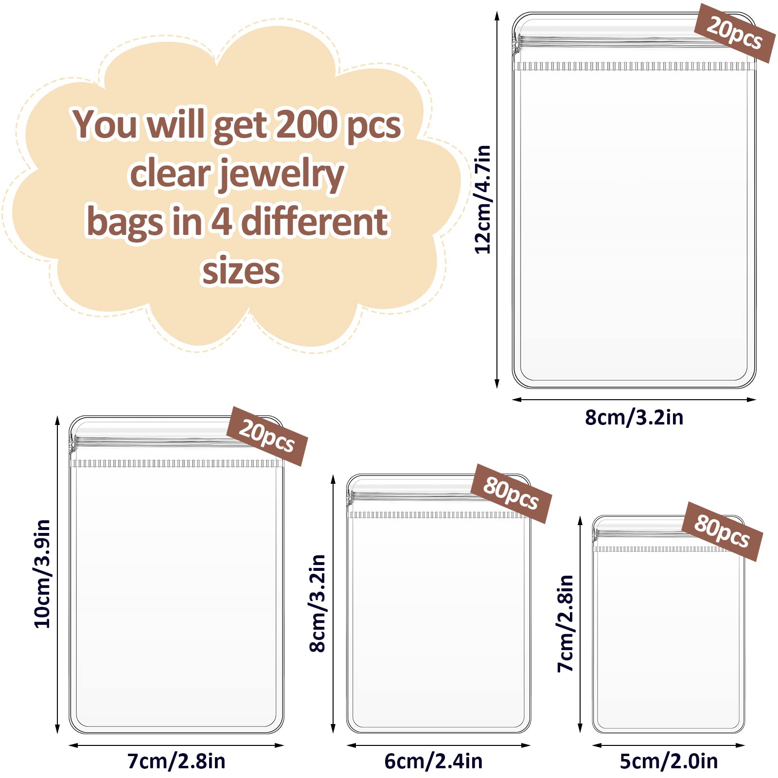 Epakh 200 Pieces Clear Plastic Jewelry Bags Self Seal Jewelry PVC Bags Jewelry Pouches Small Zipper Rings Earrings Pouch Storage