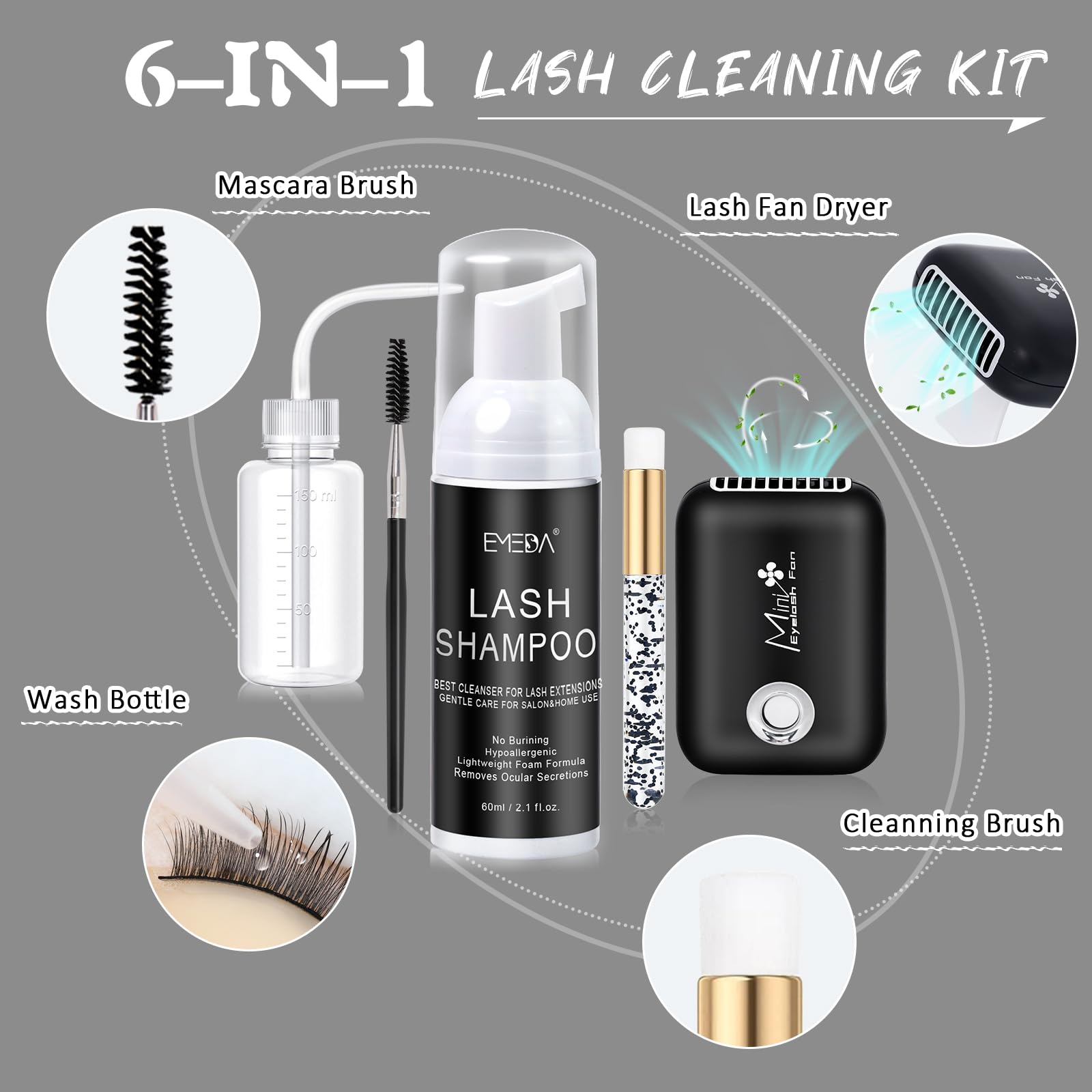 Emeda Lash Shampoo Kit Cleaning Bath - Lash Cleanser For Extensions, Usb Mini Portable Fan Brush Wash Bottle, Oil Free Lash Foam