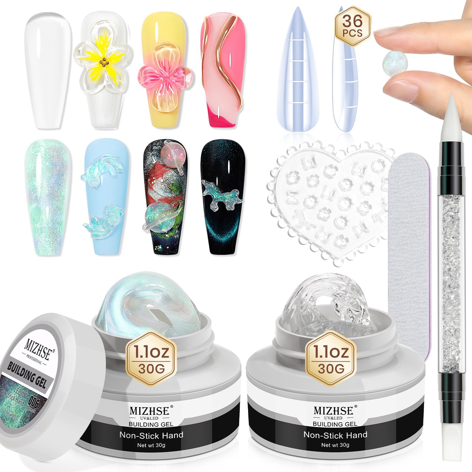 MIZHSE Solid Builder Gel for Nails - 2PCS 1oz Mermaid Pearl & Clear Hard Gel for Nails Kit with Nail Forms 3D Silicone Mold Soak
