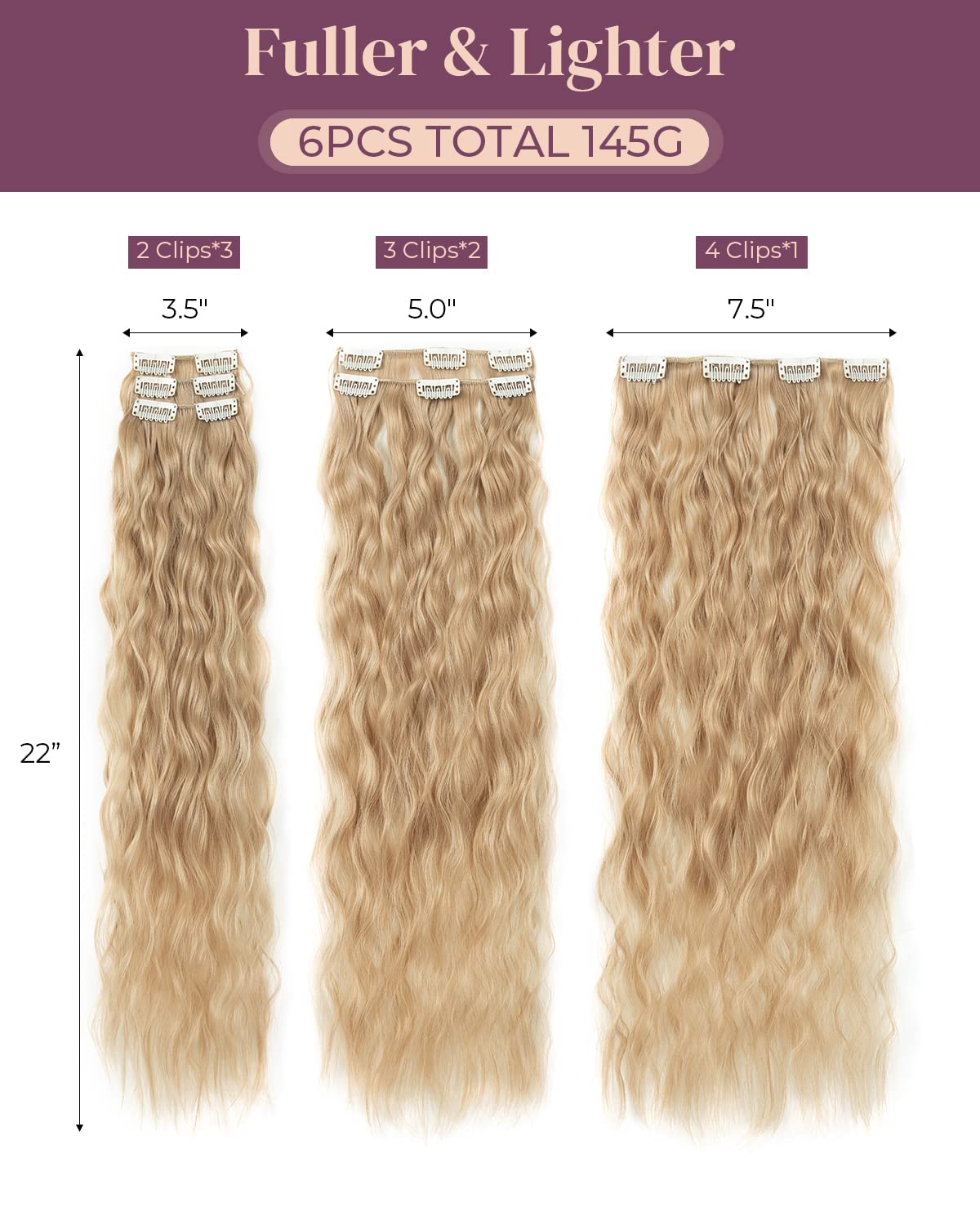 Lonai 6Pcs Clip In Hair Extensions, 24'' Blonde Hair Extensions Long Mermaid Waves Wavy Synthetic Clip On Hairpiece For Women Na