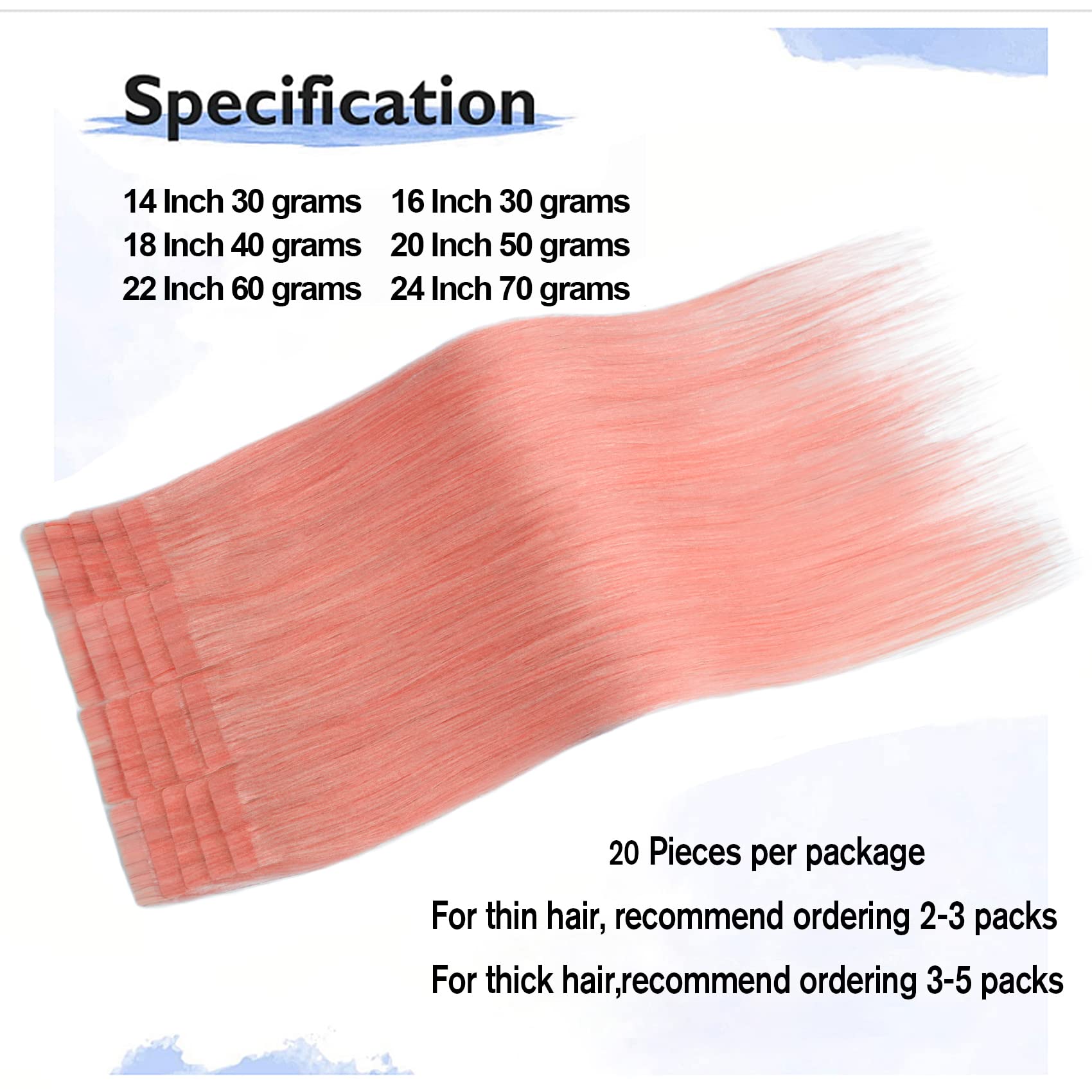 Tape in Hair Extensions Pink 100% Remy Human Hair Extensions Silky Straight for Fashion Women 20 Pcs/Package (14Inch #Pink 30g)