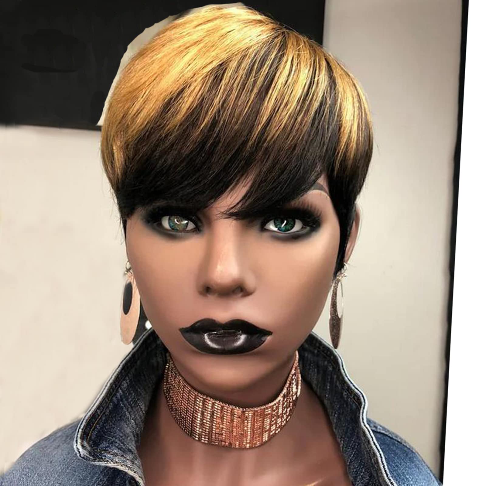 QiaQiaRing 1B/4/27 Pixie Cut Wigs for Black Women Brazilian Human Hair Short Wigs with Bangs Black Mixed Brown and Blonde 150% D