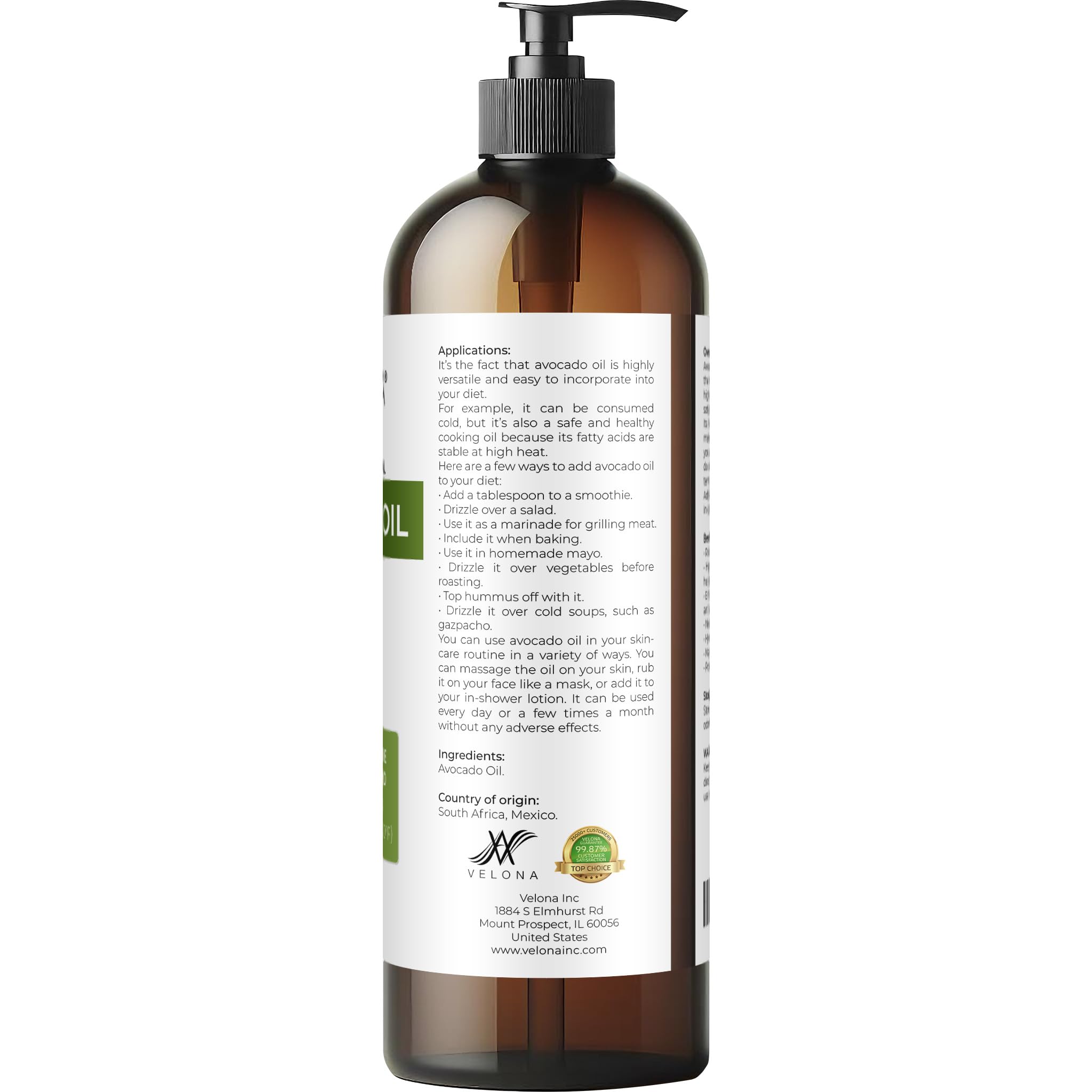 Velona Avocado Oil 16 Fl Oz | 100% Pure And Natural Carrier Oil | Refined, Cold Pressed | Hair, Body And Skin Care | Use Today -