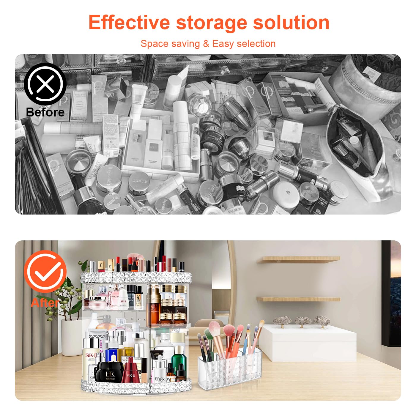 360 Rotating Makeup Organizer for Vanity + Makeup Brush Holder,Perfume Organizer with 6 DIY Adjustable Layer,Large Capacity Skin