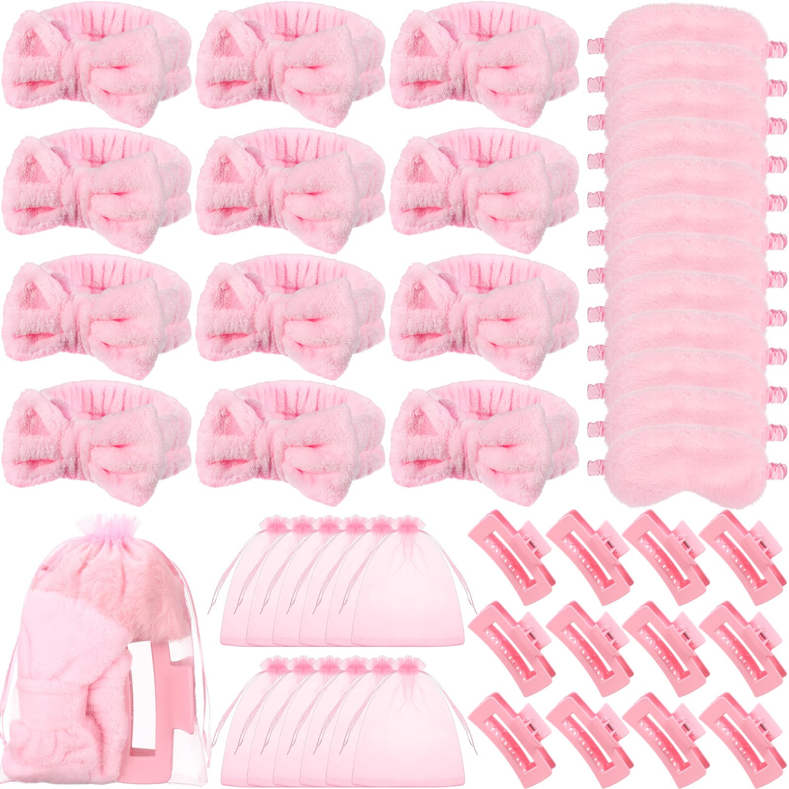 Wavyknot 48 Pcs Spa Party Supplies Sleep over Essentials 12 Pink Spa Headband 12 Pink Plush Sleep Eye Mask 12 Claw Clips 12 Orga