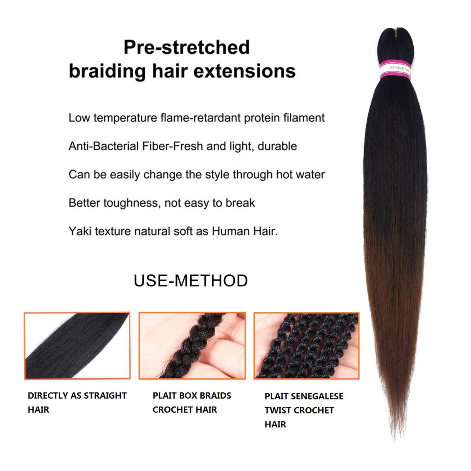Pre Stretched Braiding Hair Extension Ombre Natural Black Brown Color 28 Inch Long Pre-Stretched Hair For Braiding Twist Braids