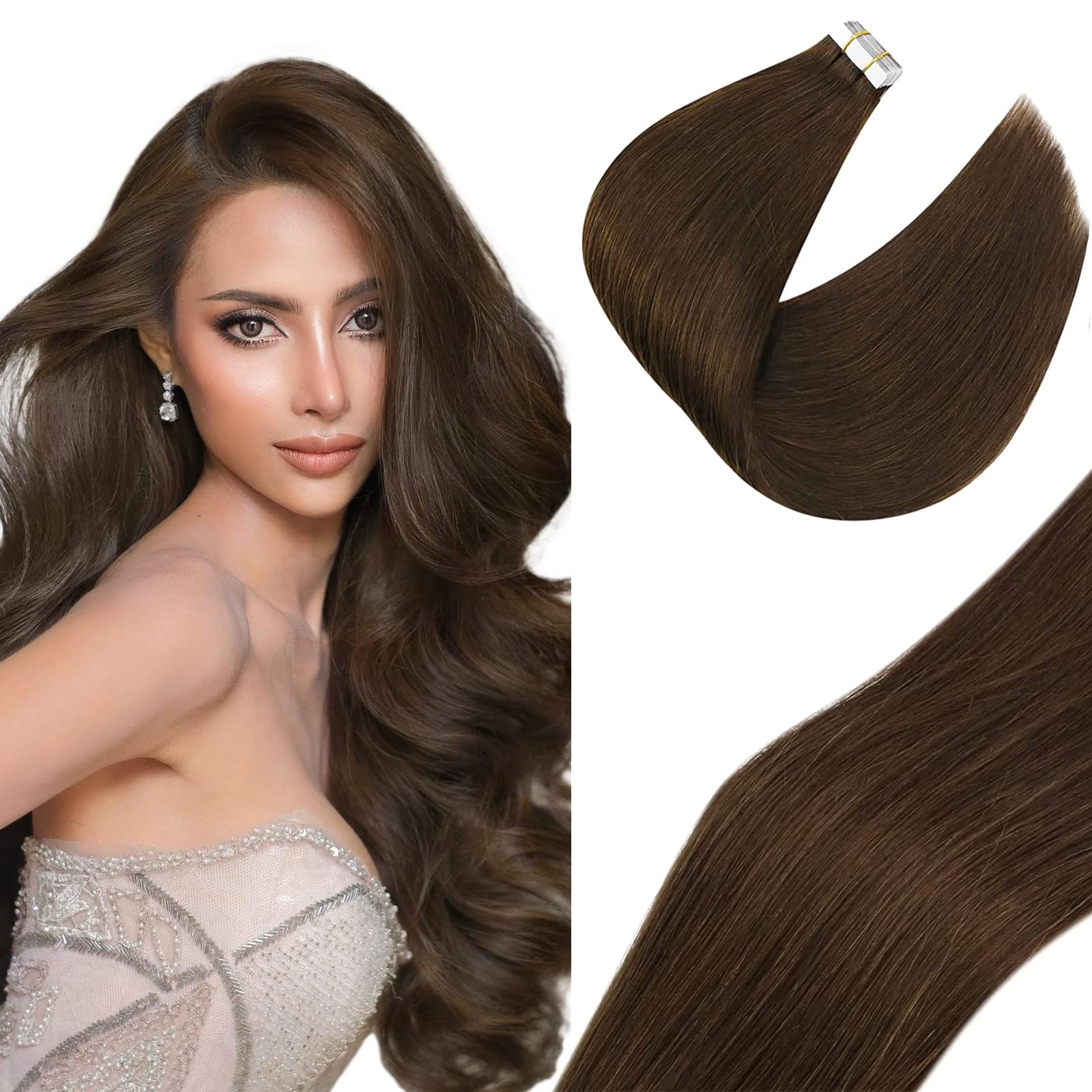 Sunny Tape In Hair Extensions Human Hair Chocolate Brown 50G Seamless Tape In Hair Extensions Brown Natural Hair Extensions Tape