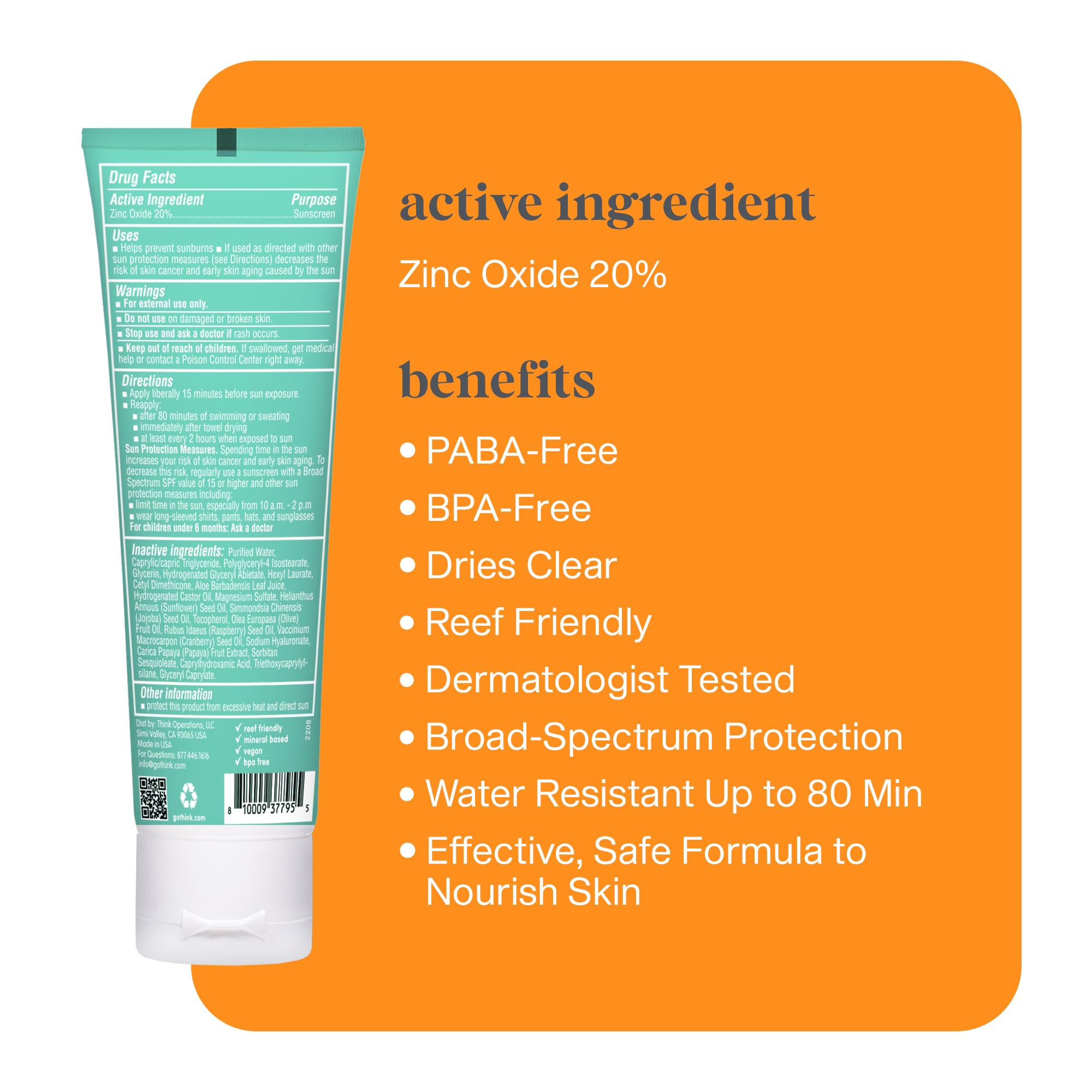 Thinkbaby Kids Clear Zinc Sunscreen Spf 30, 3 Fz