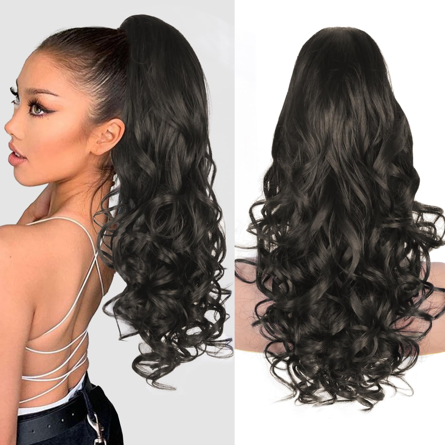 ZQIAN BEAUTY Dark Brown Ponytail Extension, 24 Inch Layered Ponytail Extensions for Women, Soft Curly Clip on Ponytails for Wome