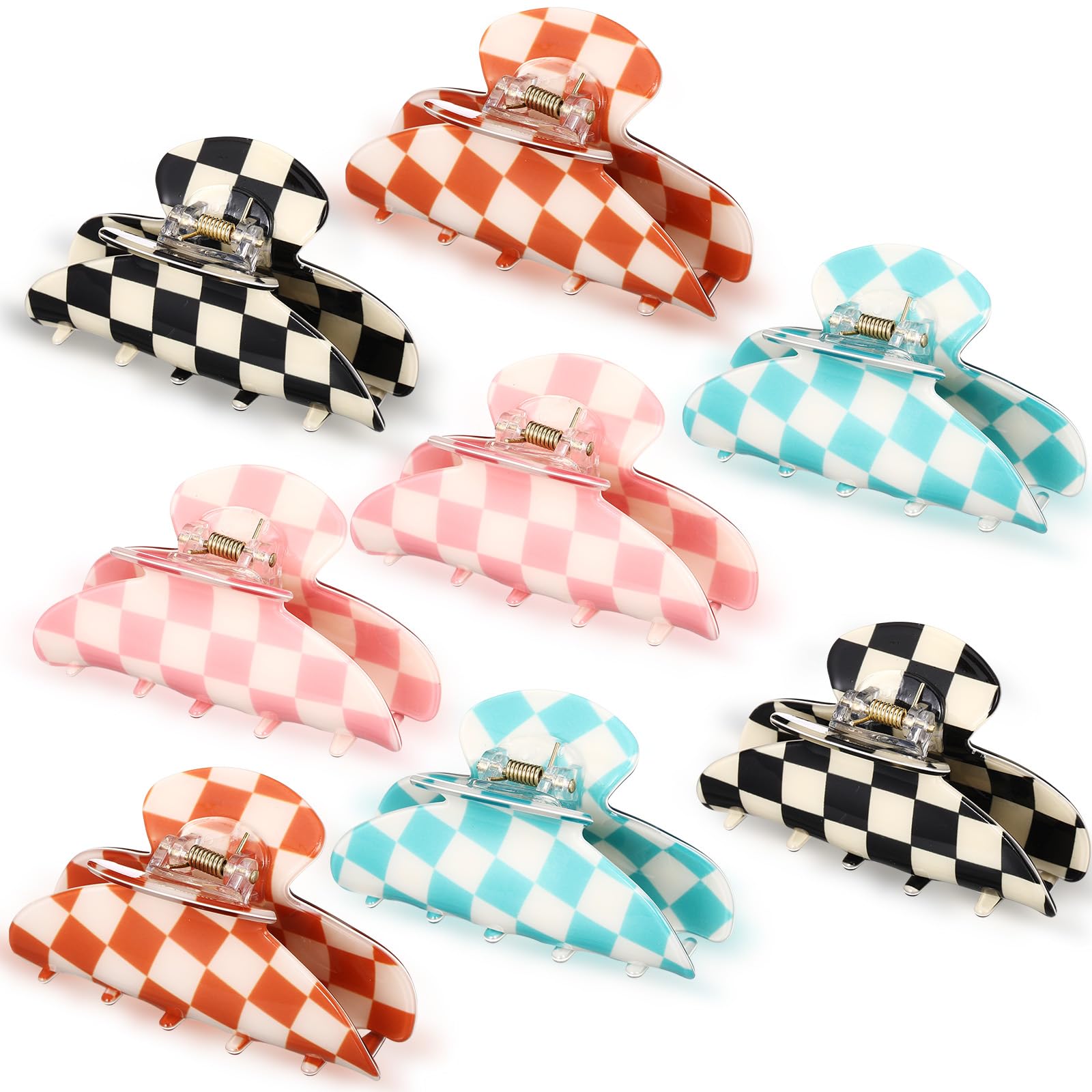 Yuxung 8 Pcs Large Acrylic Hair Claw Clips for Women Non slip Strong Hold Clamps for Thick and Thin Hair(Checkerboard,Neon Color
