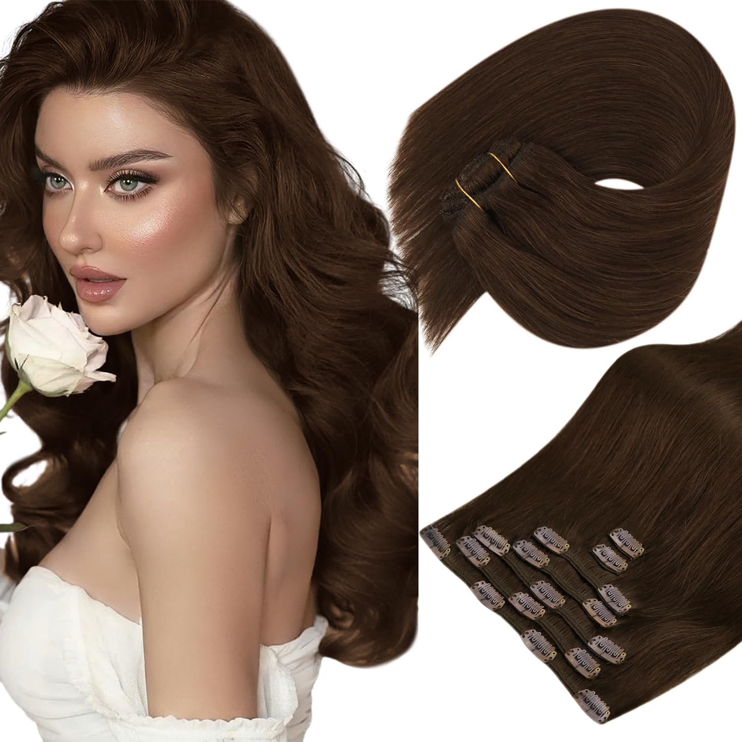 Sunny 150g Clip in Hair Extensions Brown Clip in Real Human Hair Extensions Chocolate Brown Clip Hair Extensions Long Human Hair