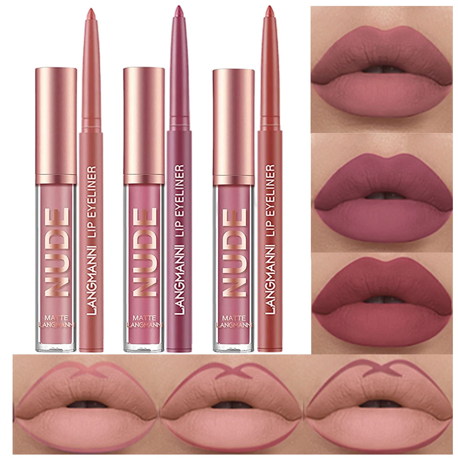 Urqt 6Pcs Lip Liner And Lipstick Makeup Set, 3 Velvety Matte Liquid Lipsticks + 3 Matching Smooth Lip Liner One Step Lips Makeup
