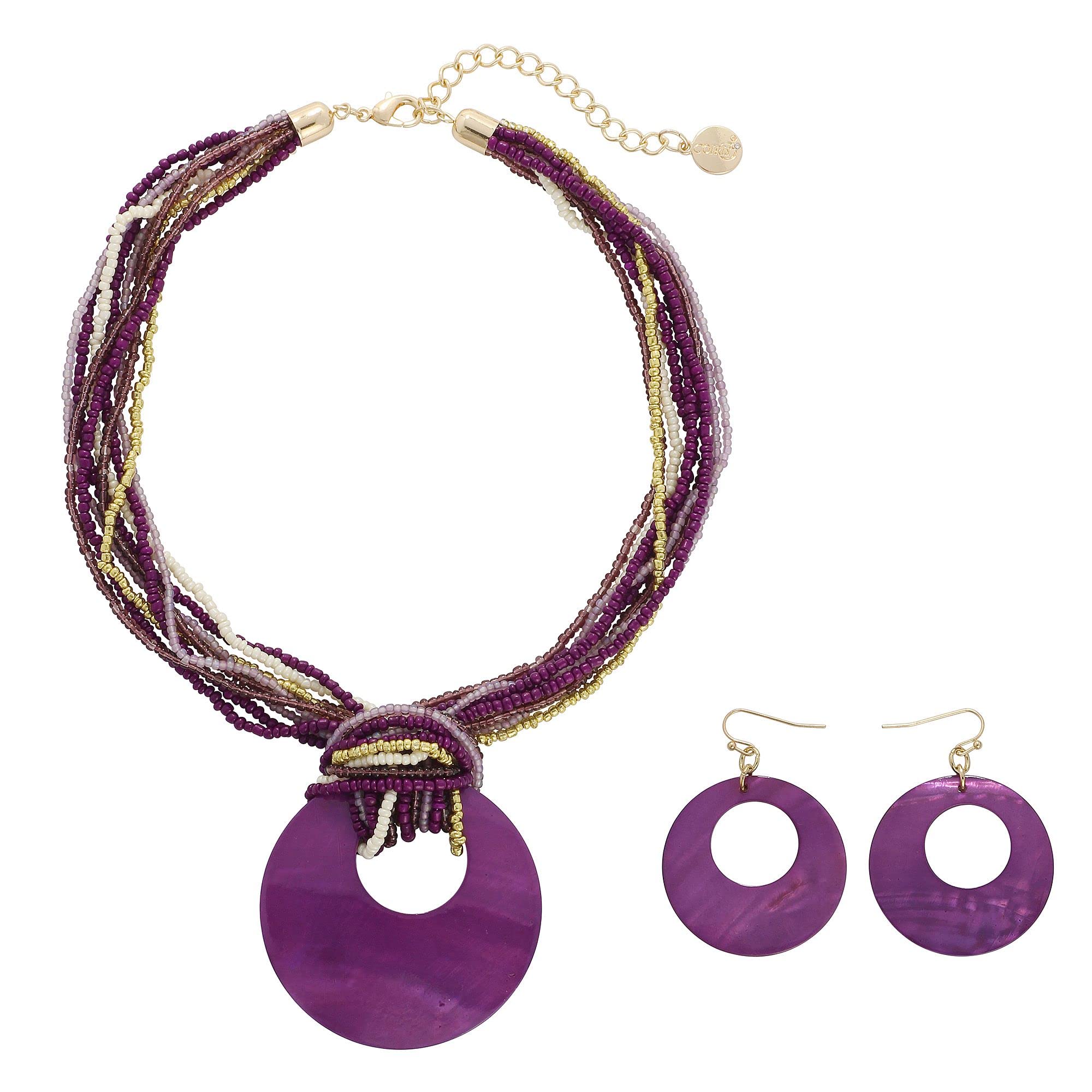 Coiris Multi Strand Statement Colorful Beaded Necklace with Big Circle Shell Pendant for Women (N0055-Purple)