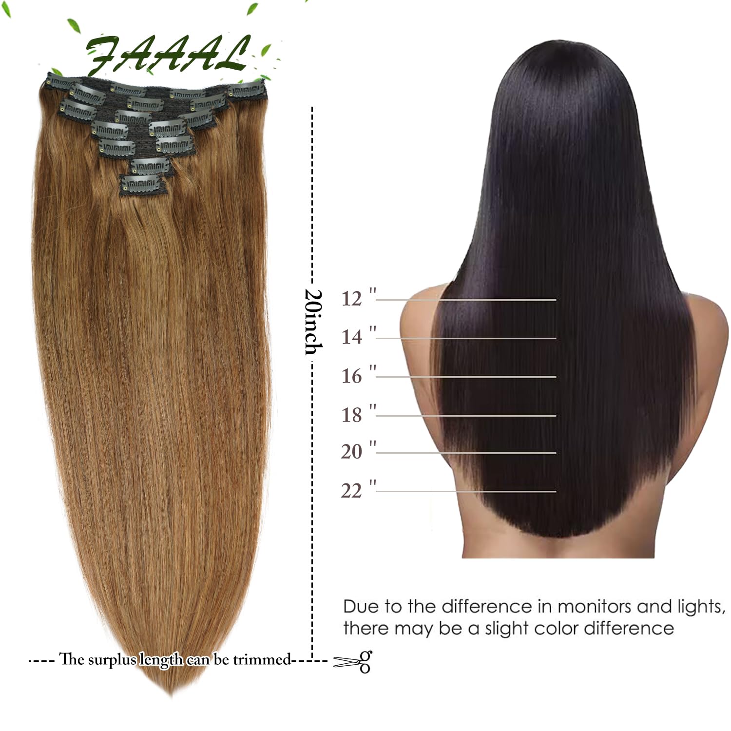 16'' Clip In Human Hair Extensions Full Head 130G 7 Pieces 16 Clips 8# Light Brown Double Weft Brazilian Real Remy Hair Extensio
