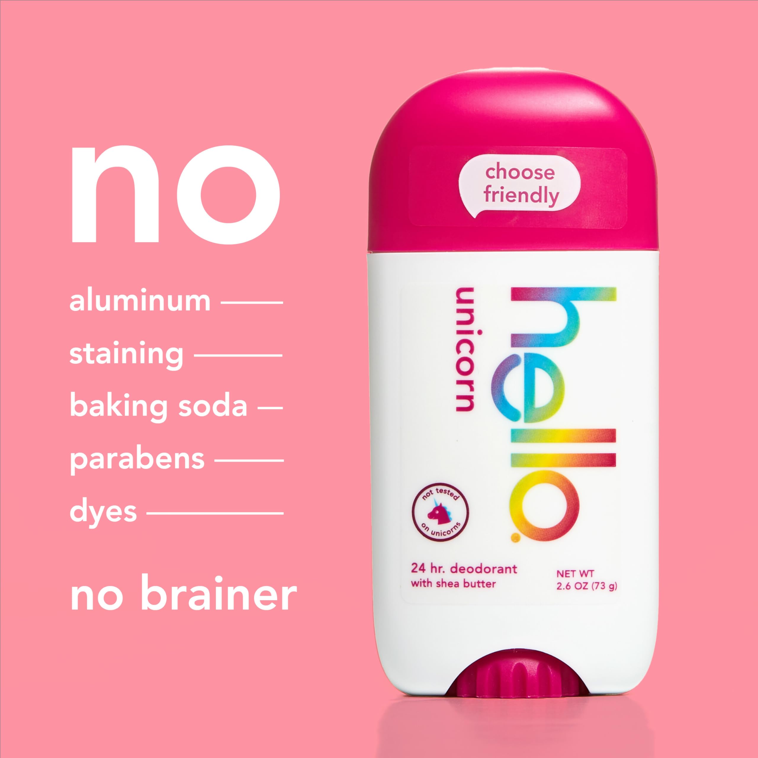 hello Unicorn Deodorant, 24 Hour Odor Protection, No Aluminum + No Baking Soda, Vegan & Parabens Free, 2.6 Oz