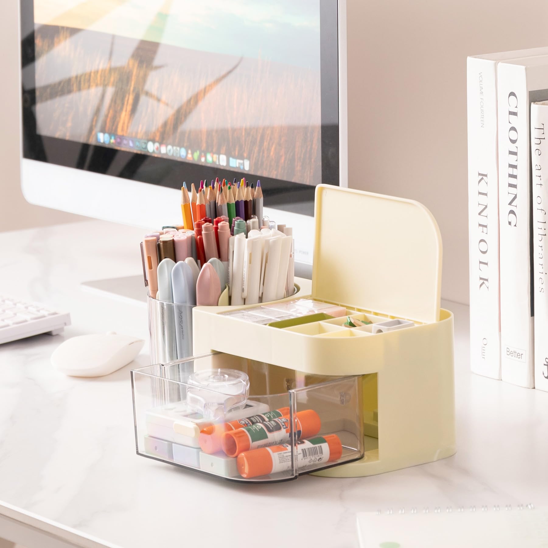 Moikiwi Makeup Organizer, 360-Degree Rotating Desk Organizers With Lid, Cosmetic Display Case With Drawer, Art Supply Storage Bo
