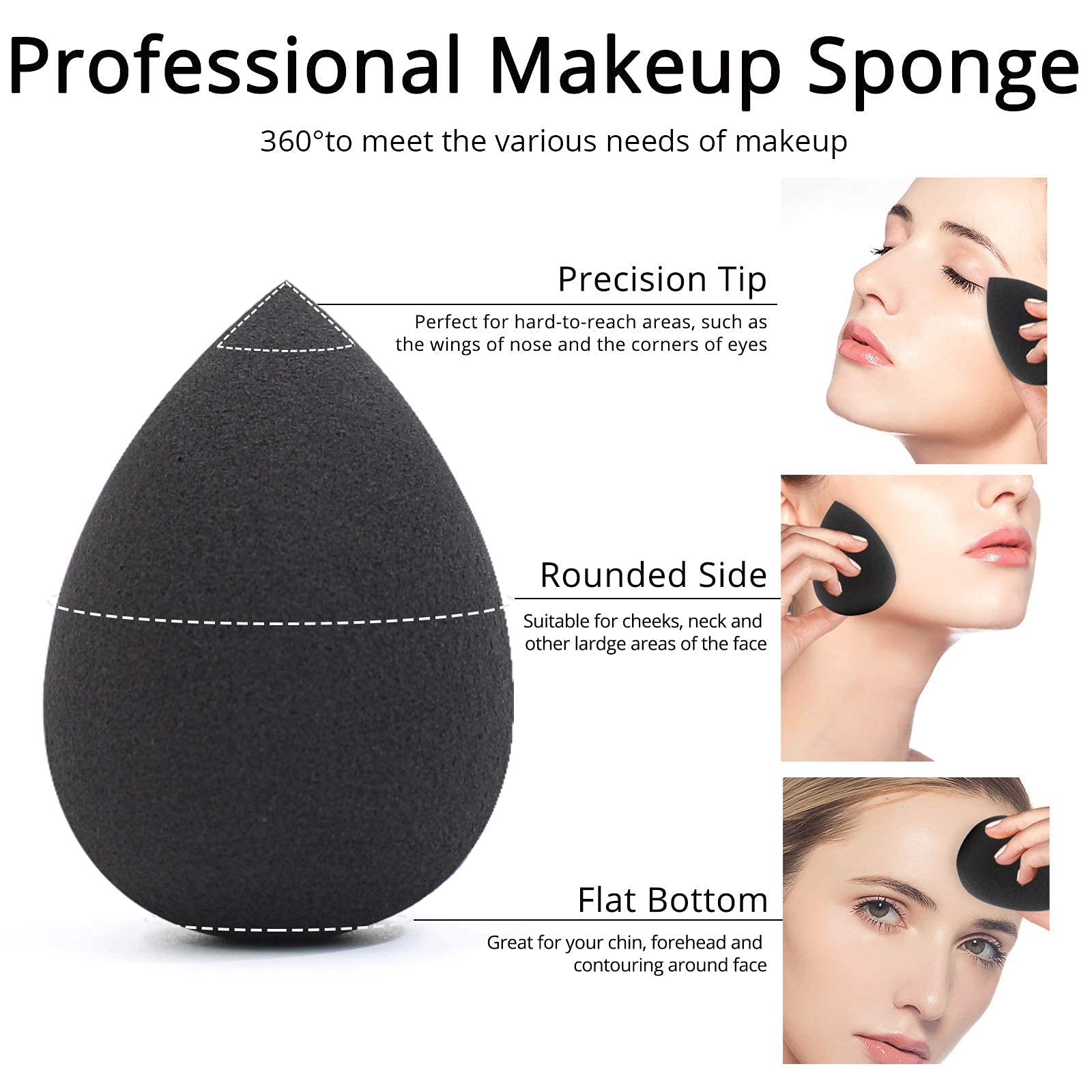 BEAKEY Makeup Sponge Set - 5 Pcs Blending Sponges, Latex Free, Vegan, Black, Model FM-0359
