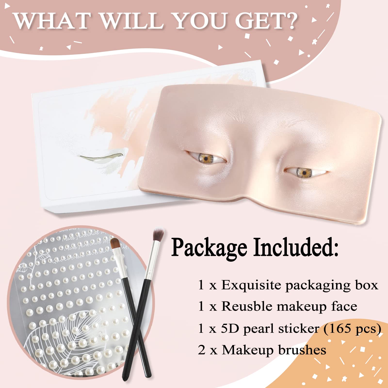 Banugo Silicone Makeup Practice Face Board with Brushes & 165 Pearl Stickers, White