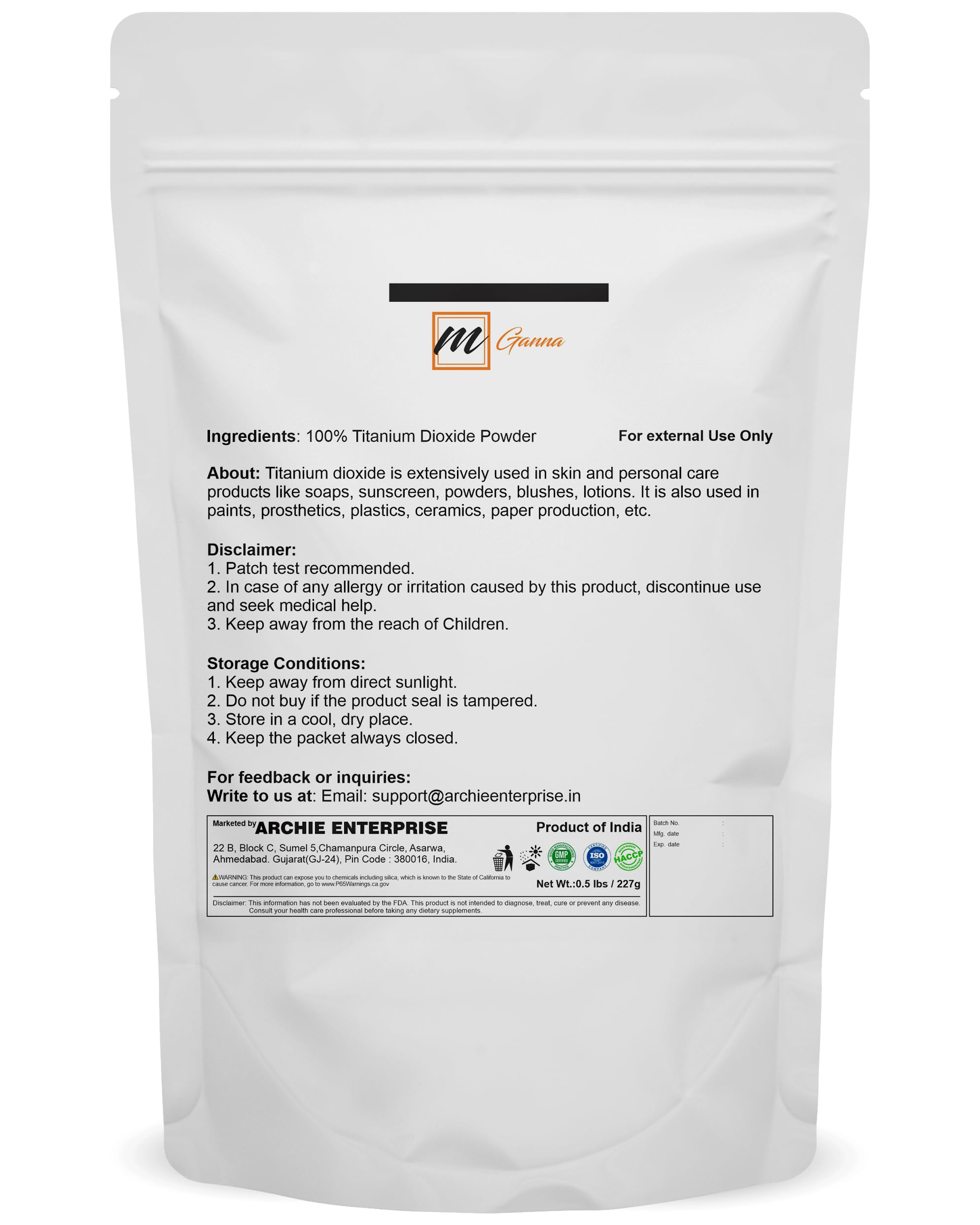 mGanna 100% Natural Non-nano & Uncoated Titanium Dioxide Powder for Skin Hair and Health Care 0.5 LBS / 227 GMS