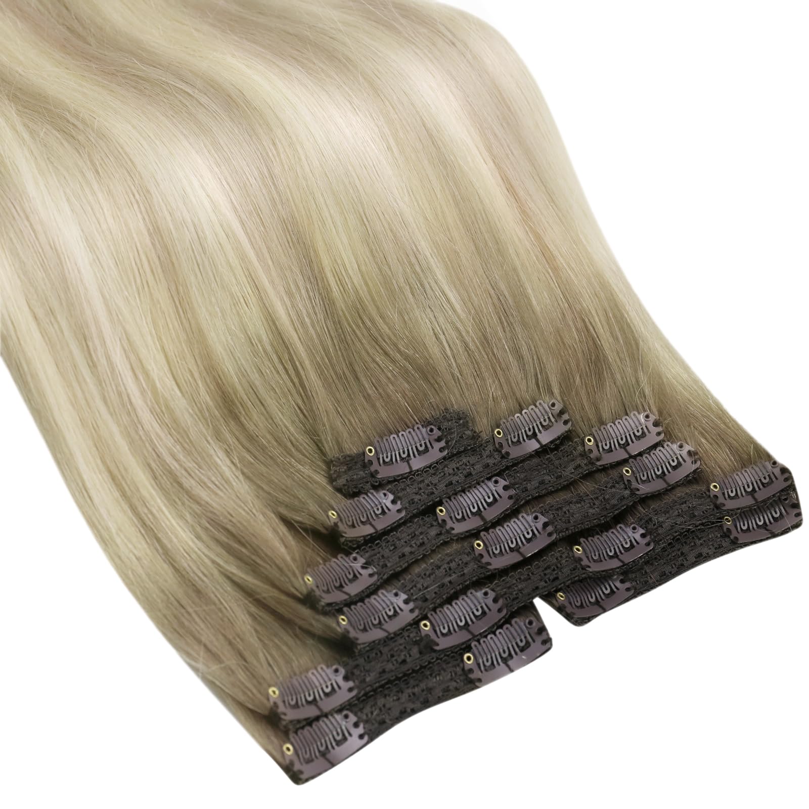 Sunny 150G Ombre Clip In Hair Extensions Blonde Balayage Clip In Human Hair Extensions Ash Blonde Ombre Platinum Blonde Long Hai