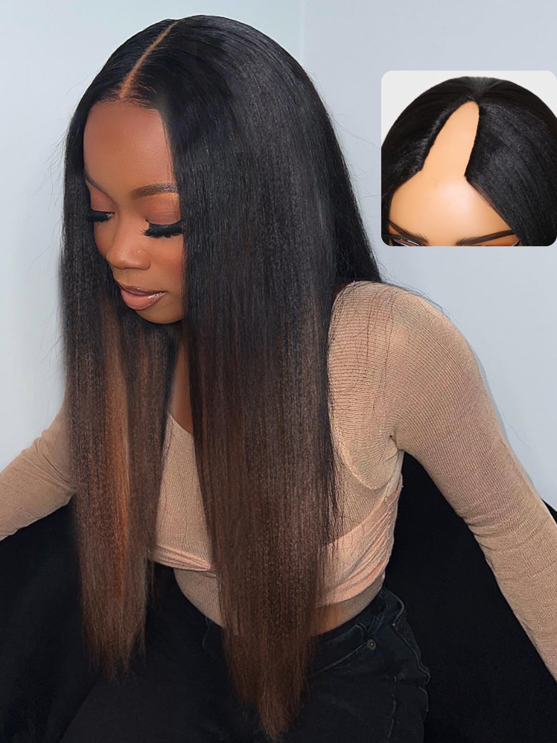 Nadula V Part Yaki Straight Glueless Wig Human Hair Balayage Brown Upgraded U Part Wigs, Highlight Straight V-part Wigs V Shape 