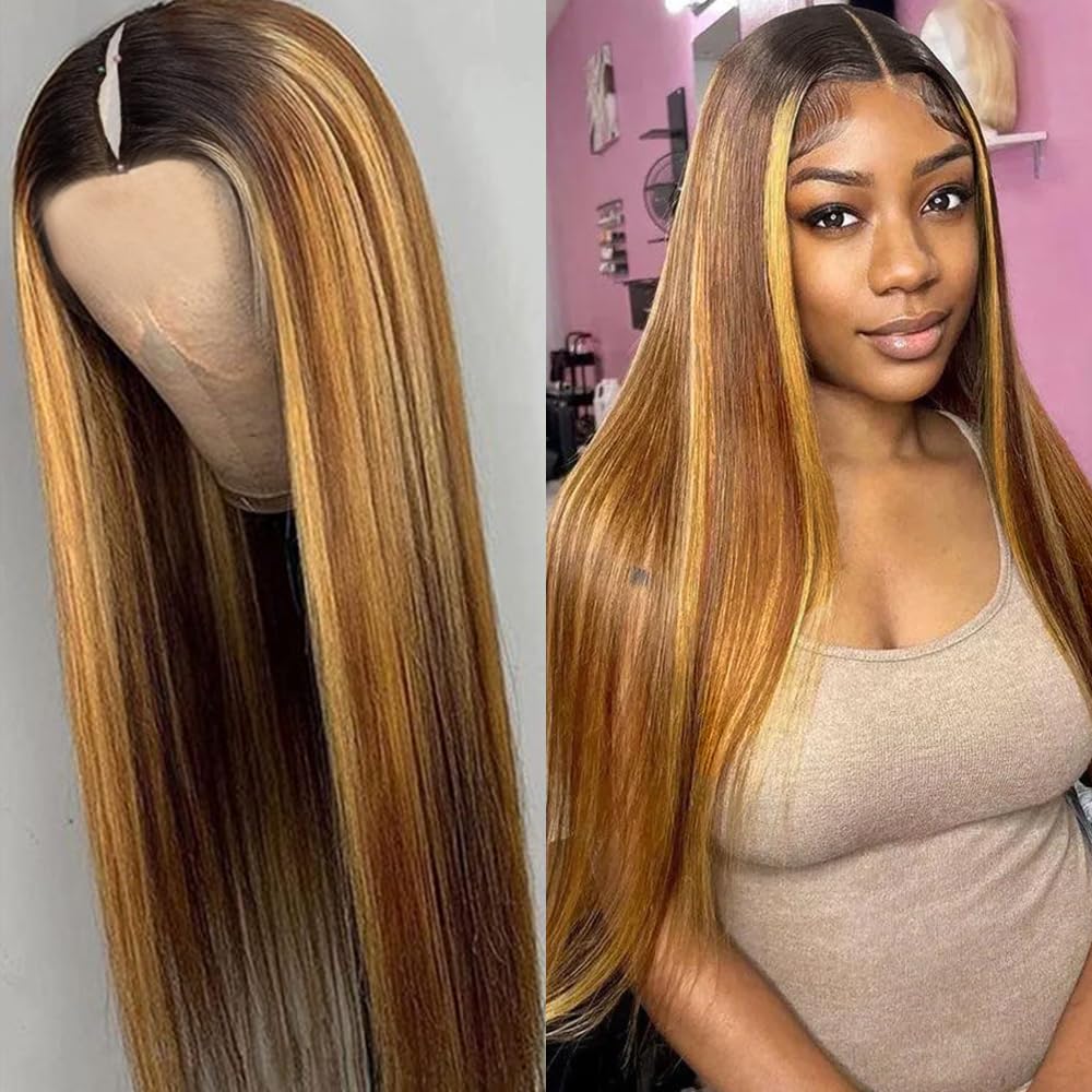 Pobokix Highlight Ombre V Part Wigs Human Hair Straight Balayage Blonde V Part Human Hair Wigs 180% Density Glueless Full Head C