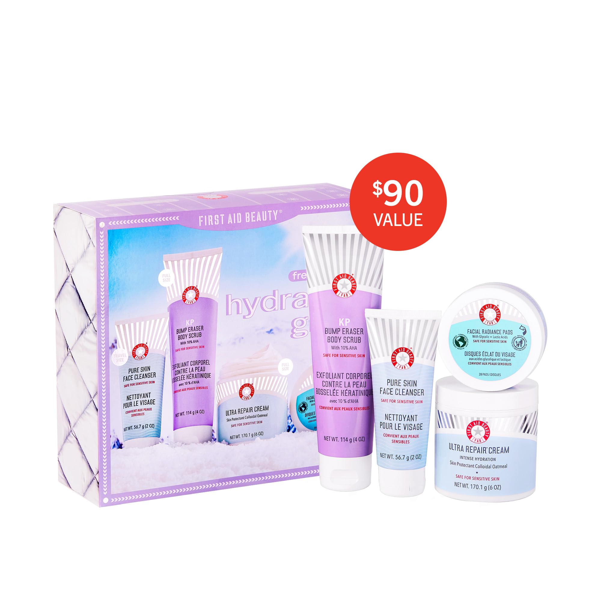 First Aid Beauty - Hydrated Glow Kit: KP Bump Eraser Body Scrub, 4 oz, Facial Radiance Pads, 28 Pads, Pure Skin Face Cleanser, 2