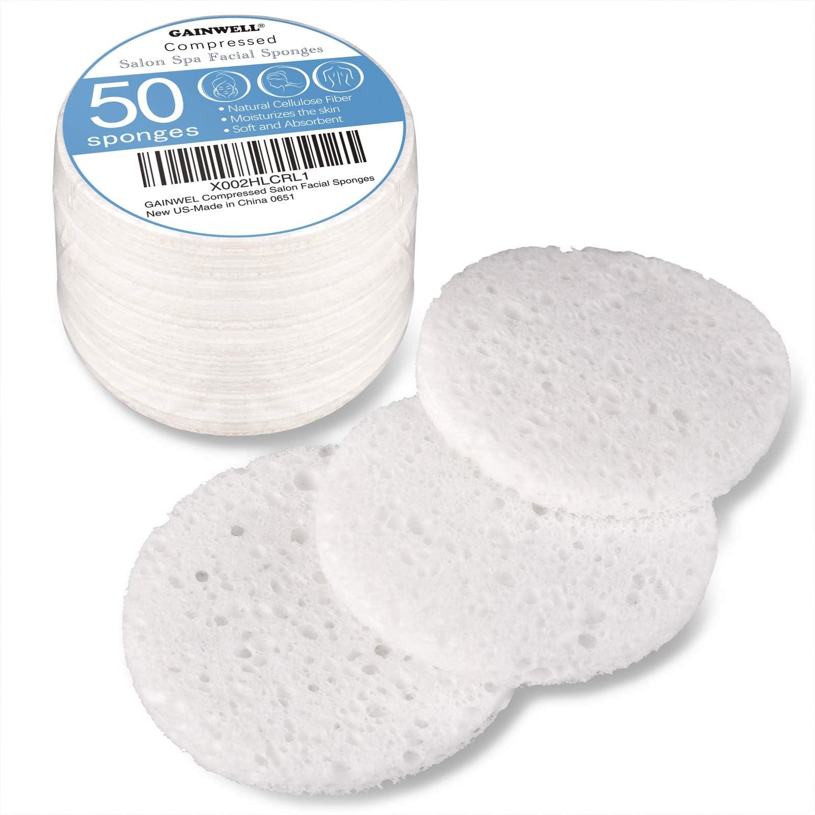 50-Count Compressed Facial Sponges, GAINWELL White Cellulose 100% Natural Cosmetic Spa Sponges for Facial Cleansing, Exfoliating