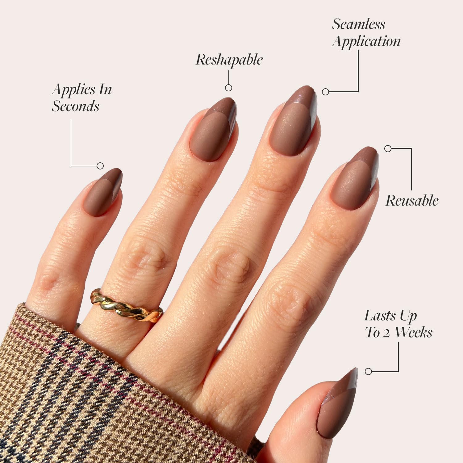 Glamnetic Press On Nails - Terra | Short Almond Dark Brown Nails With Glossy French Tips In A Matte Finish | 15 Sizes - 30 Nail