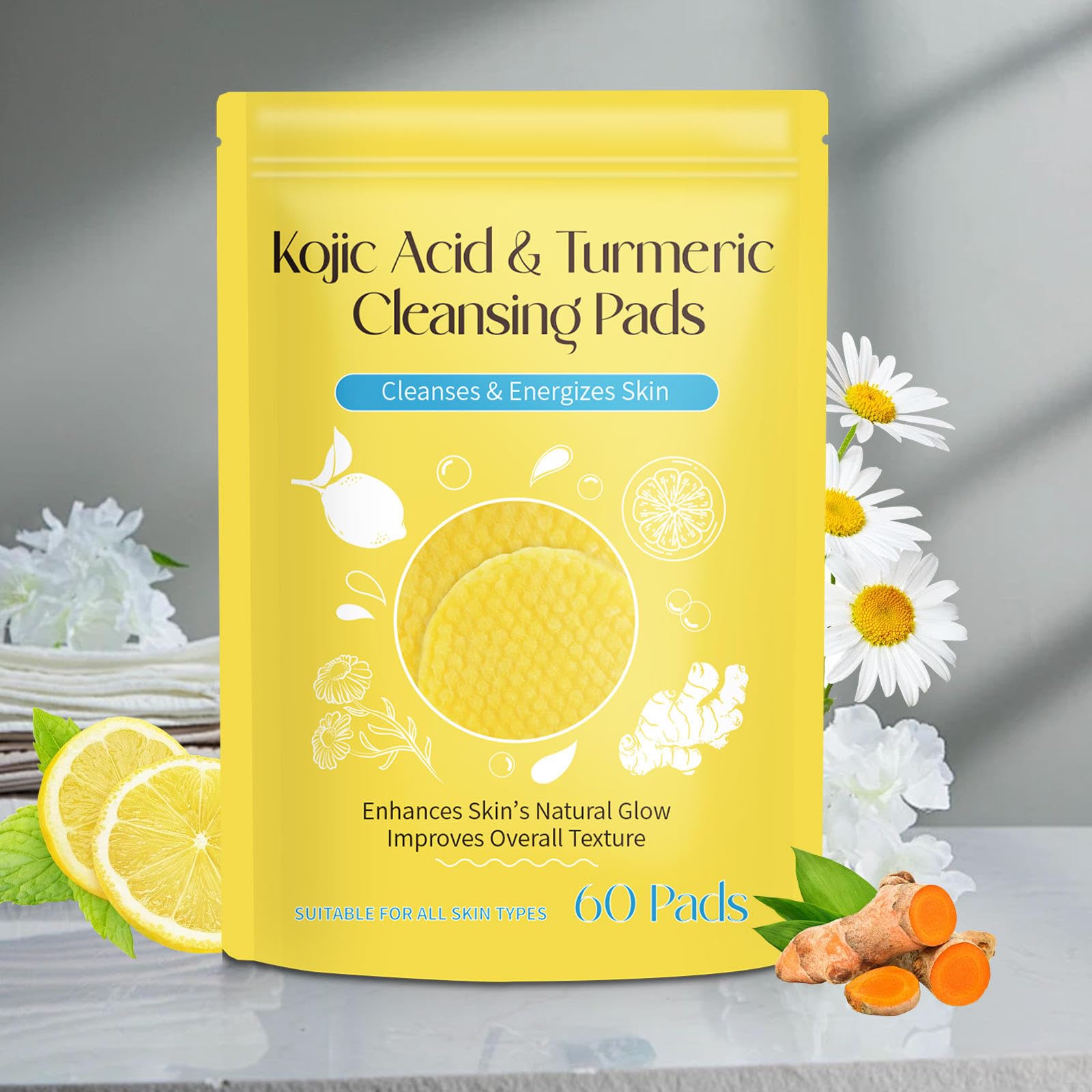 Kojic Acid & Turmeric Cleansing Pads (60 Pads) | Gentle Exfoliating Face Pads For Dark Spots, Tan Removal & Glowing Skin | Mild 