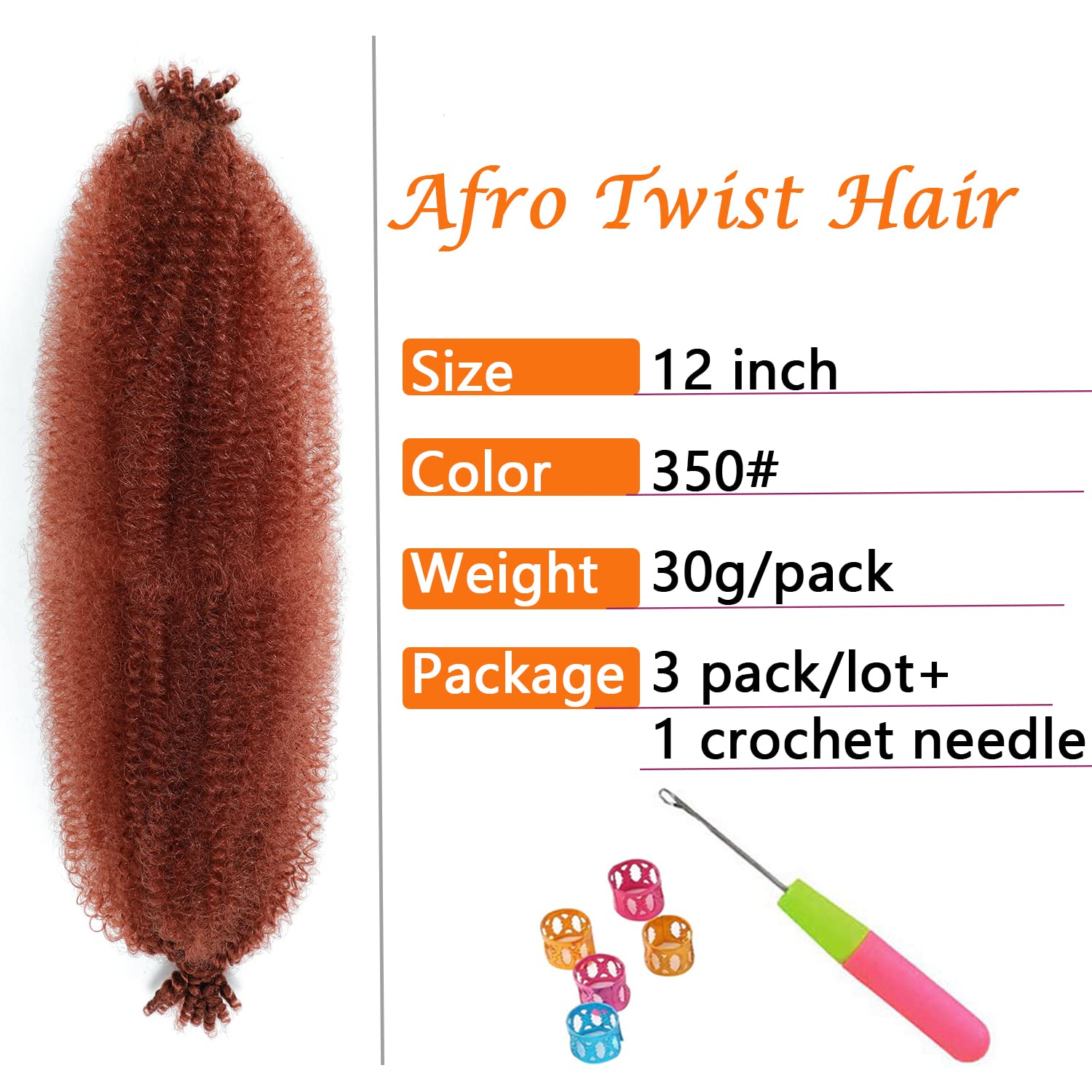 Springy Afro Twist Hair 12 Inch 3 Packs Copper Red Color Pre Fluffed Marley Twist Braiding Hair For Black Women (12 Inch, 350)