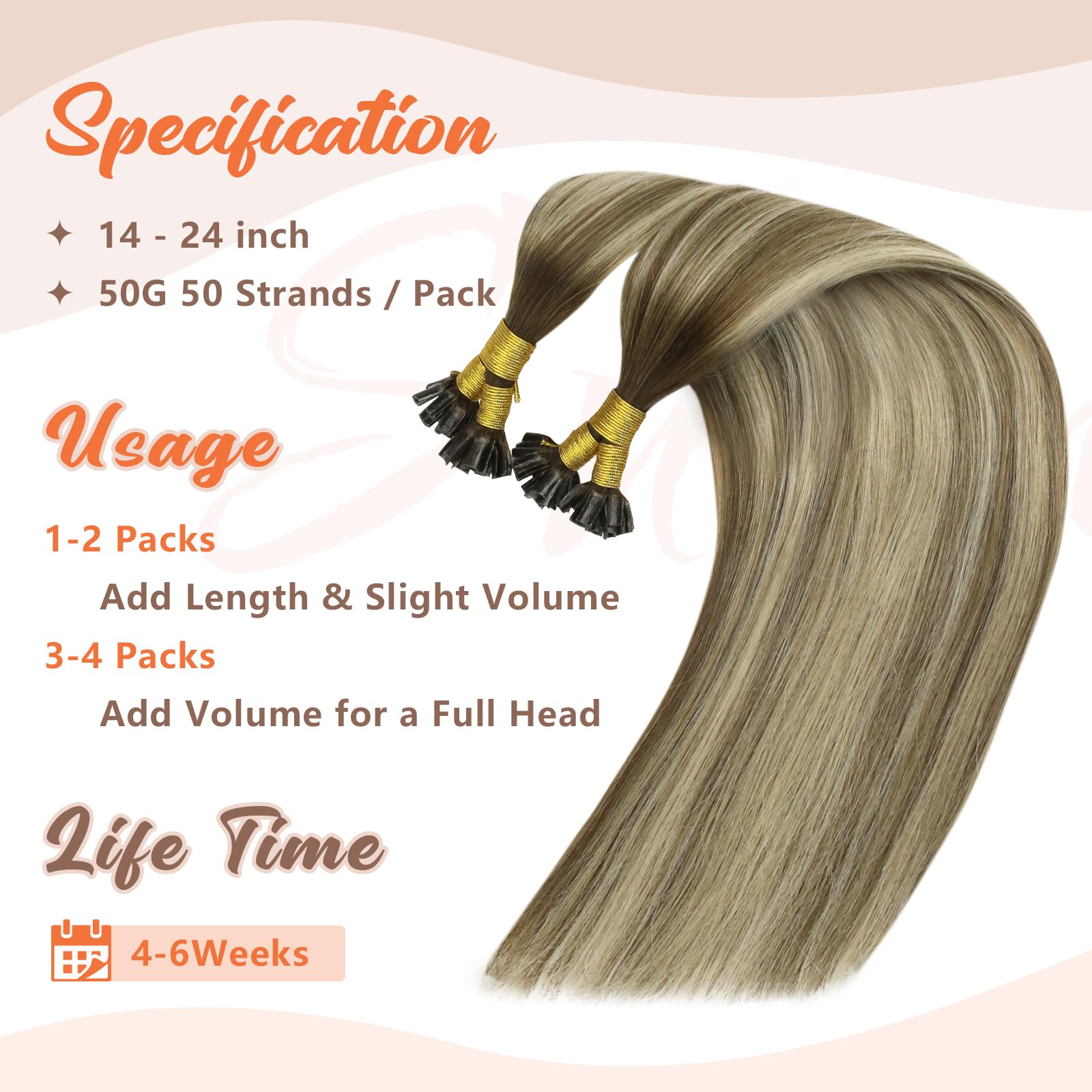 Sunny Hair U Tip Hair Extensions Brown Ombre 50G U Tip Hair Extensions Human Hair Cool Brown Balayage Light Brown Highlight Blon