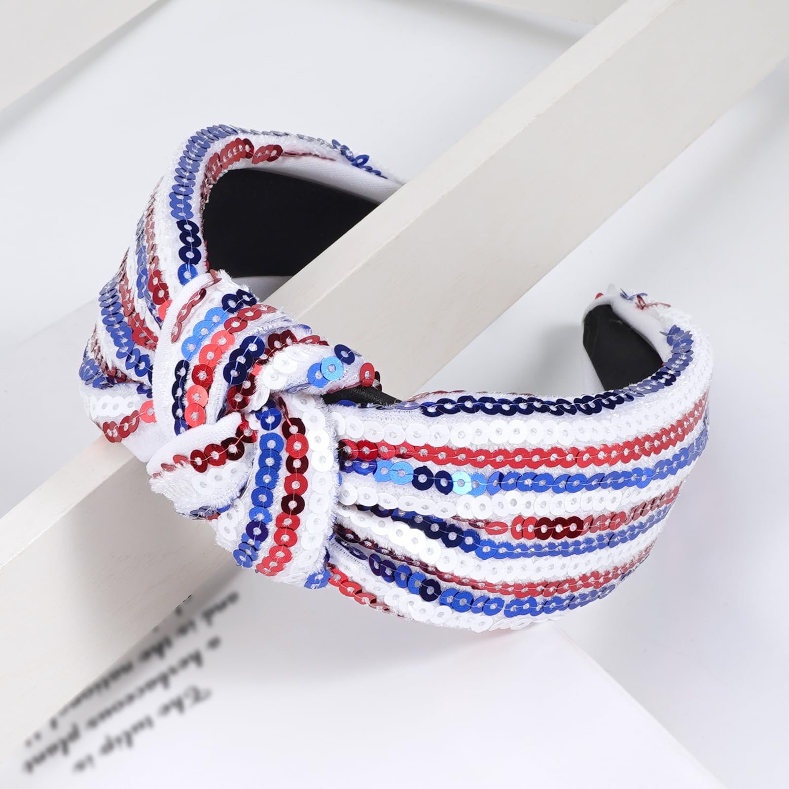 Ardorchid 4th of July Headbands for Women Girls American Flag USA Independence Day Knotted Wide Headband Red White and Blue Sequ