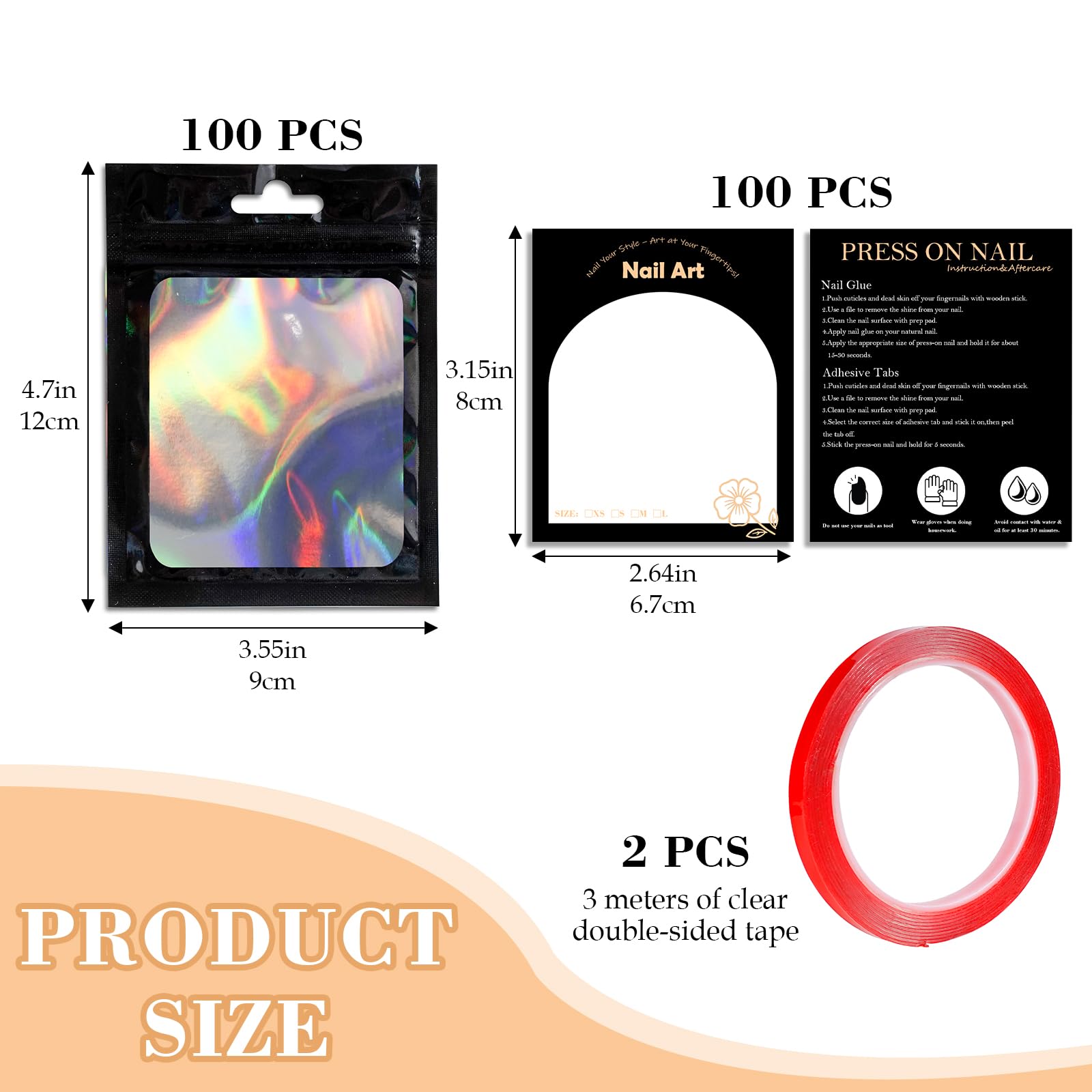 202pcs Press on Nail Packaging Bag, 100pcs Empty Holographic Nail Storage Bag and 100pcs Instruction&Display Black Cardboard wit