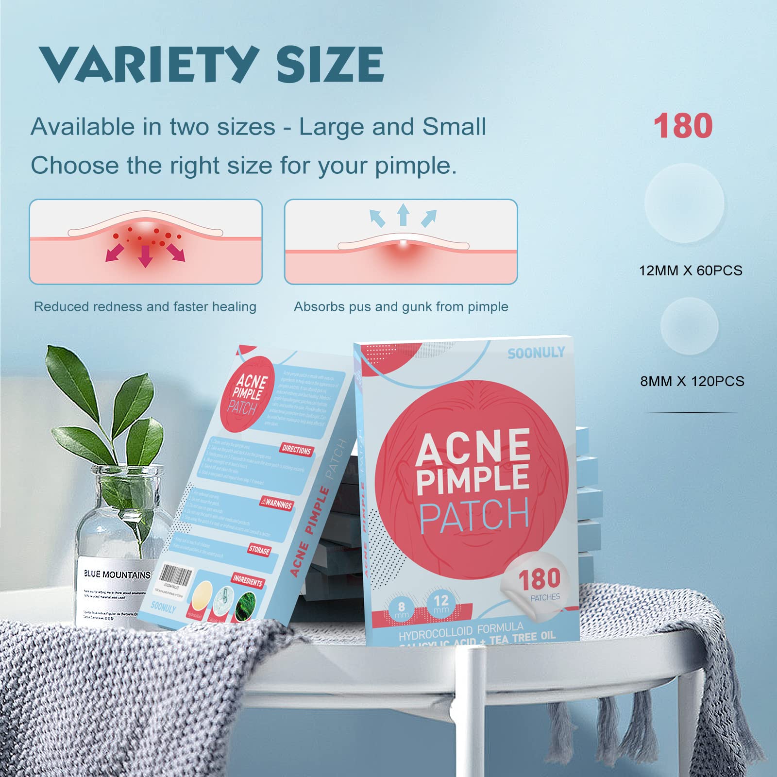 Soonuly Pimple Patches for Face - 180 Hydrocolloid Acne Pimple Patches Salicylic Acid with Tea Tree Oil for Zit Blemish Spot Cov