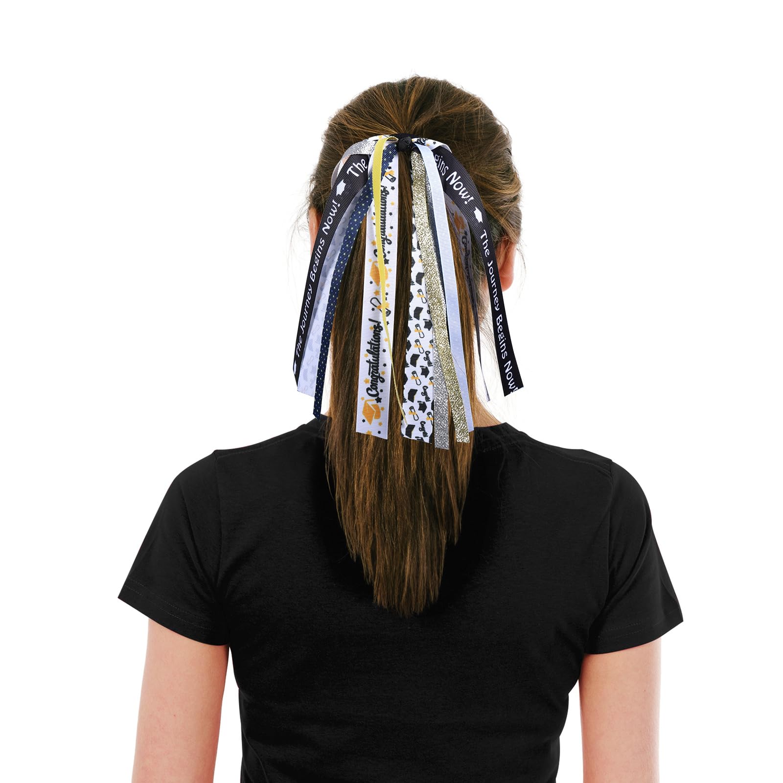 Happy Graduation Ponytail Streamer,Glitter Black Gold Ribbon Hair Tie,Elastic Pony Holder Bow,Graduation Hair Accessories for Gi