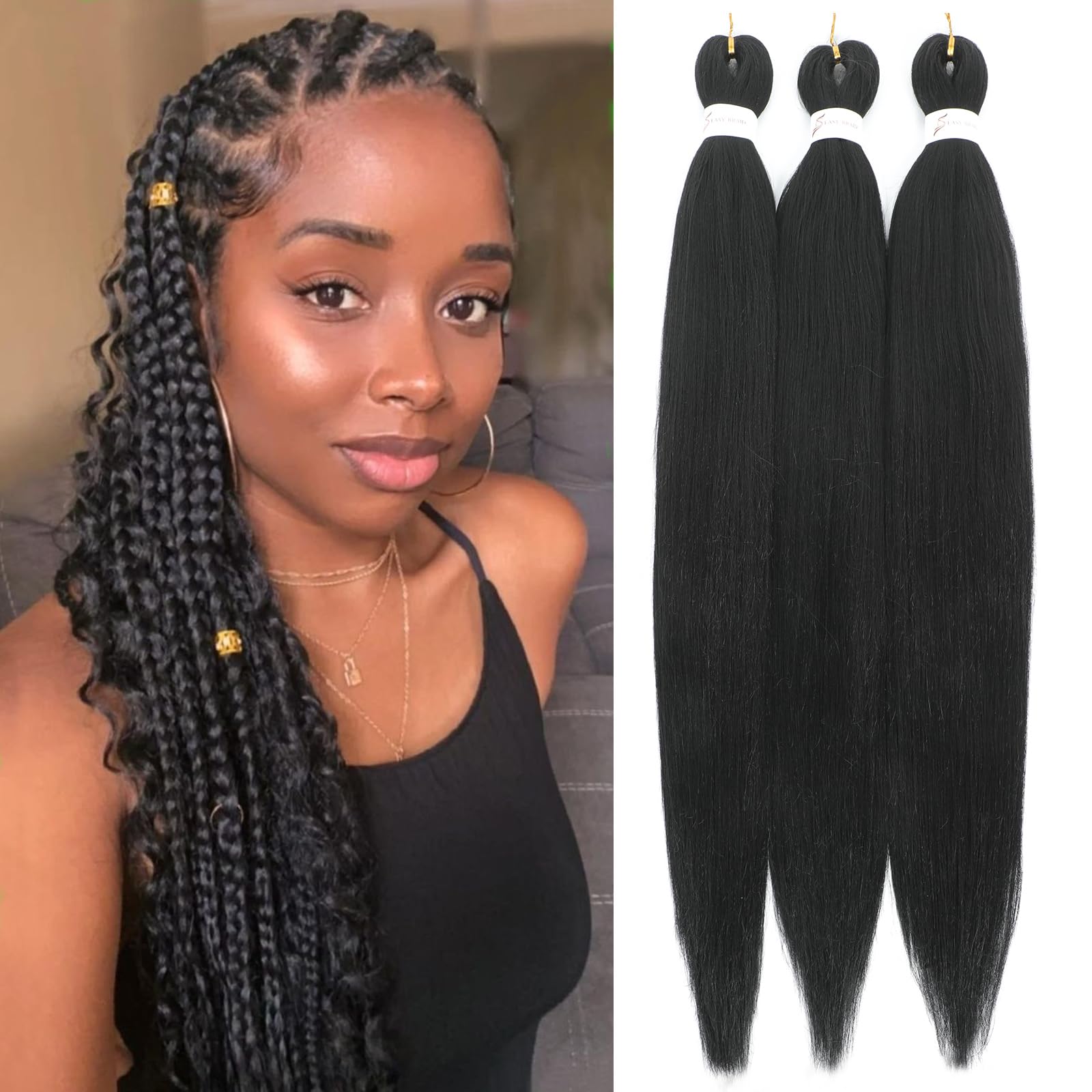 Royota Black Braiding Hair Pre Stretched Easy Braiding Hair Yaki Texture 3pieces Synthetic Braiding Hair 26 Inches Knotless Brai