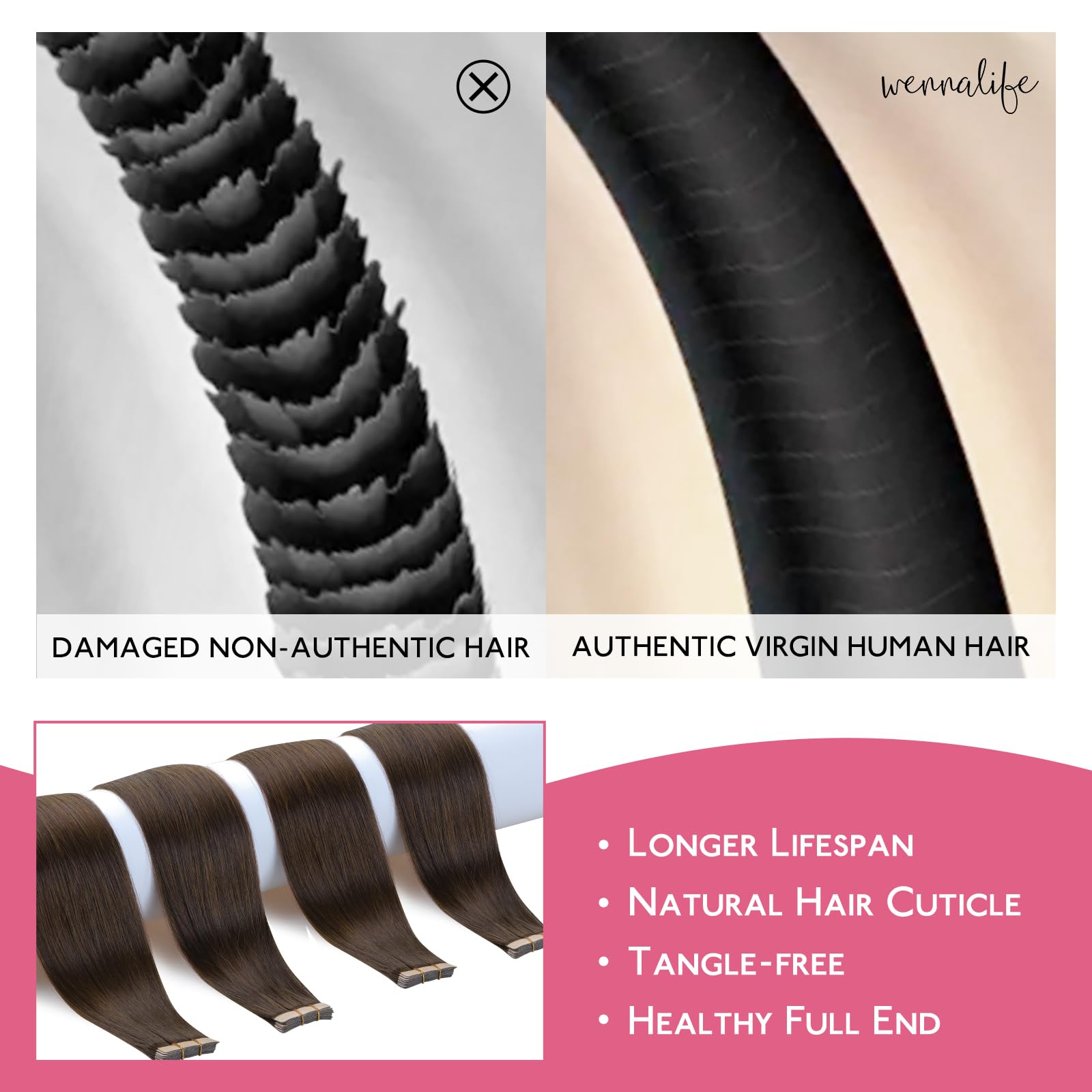 Wennalife Tape In Hair Extensions Human Hair Chocolate Brown Tape In Extensions, 10Pcs 30G 22 Inch Remy Invisible Tape Ins Strai
